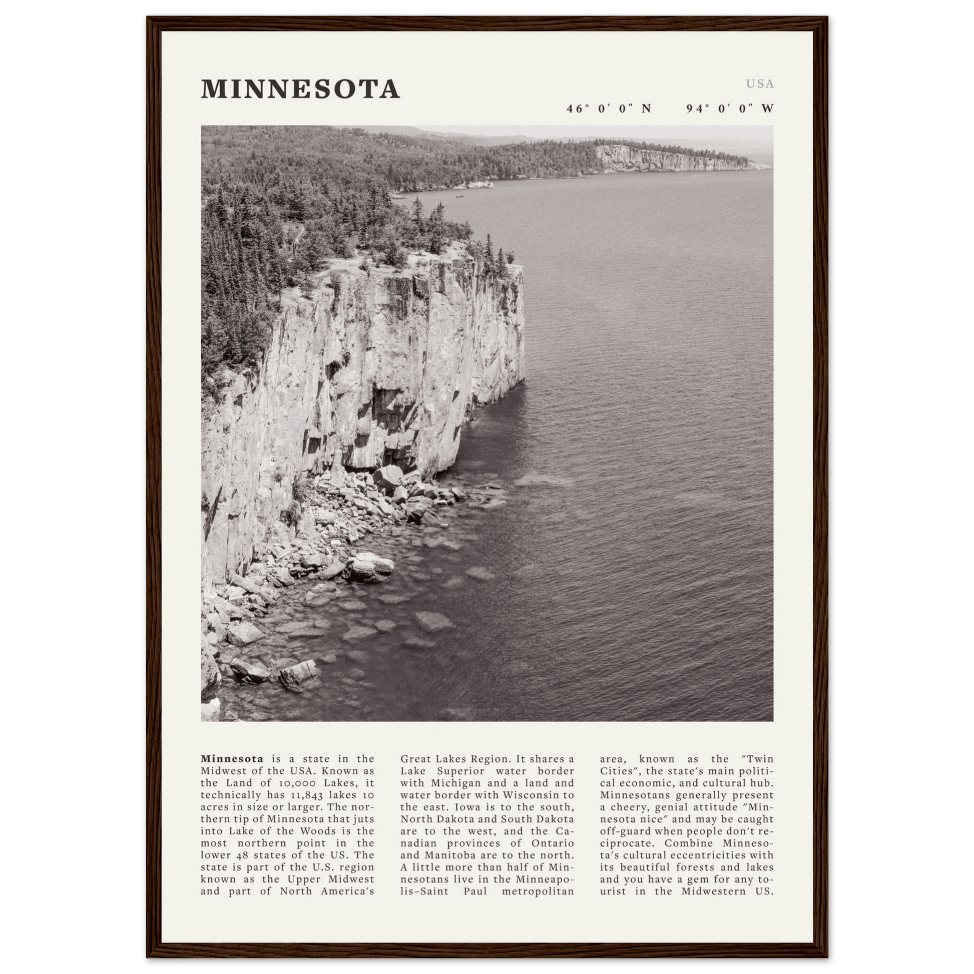 Minnesota Poster | Black & White Lake Superior Wall Art | USA Nature Travel Print - Evergreen Posters