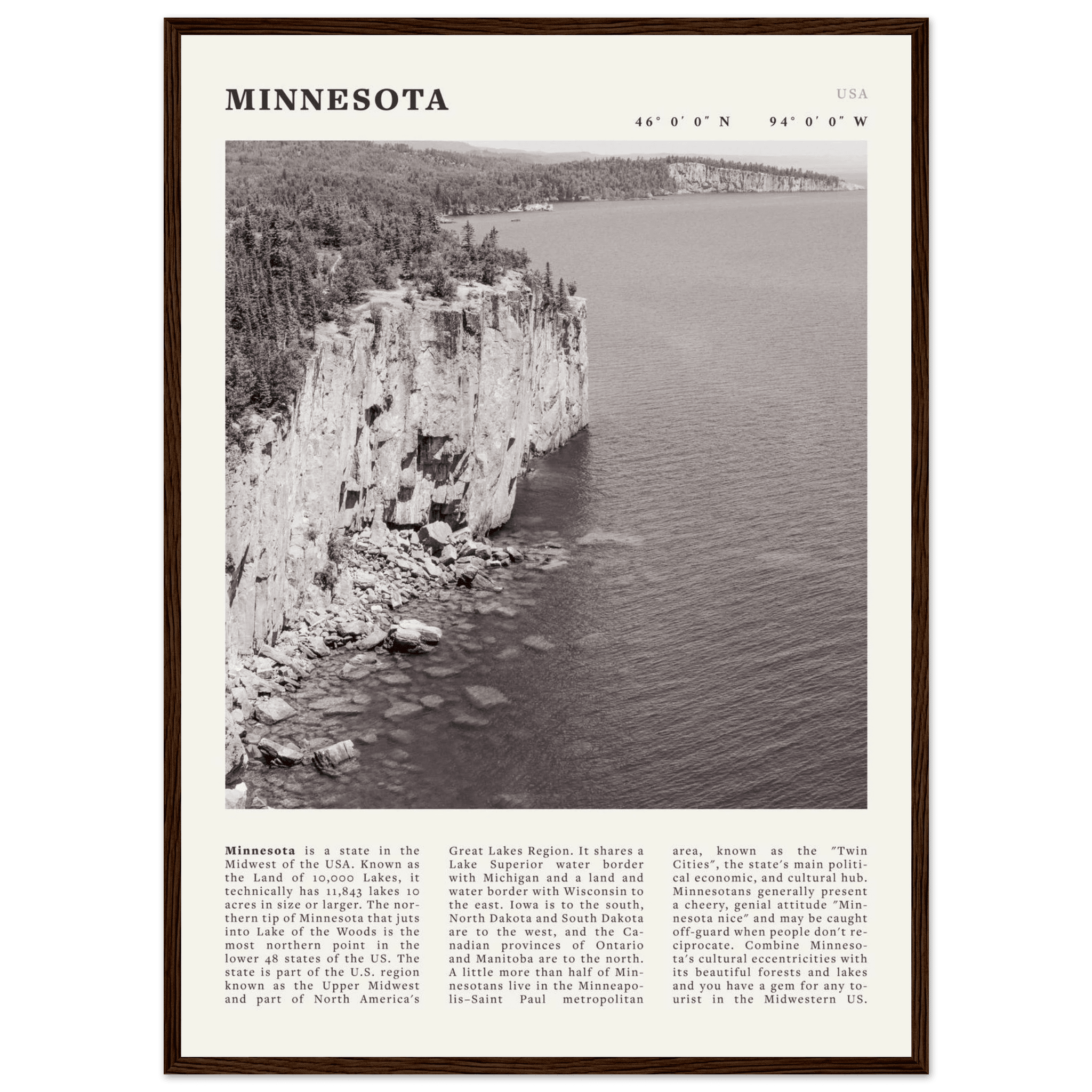Minnesota Poster | Black & White Lake Superior Wall Art | USA Nature Travel Print - Evergreen Posters