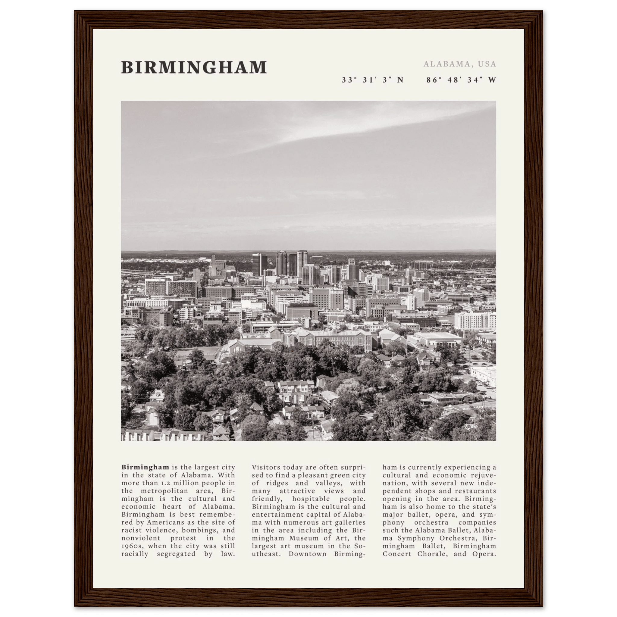 Birmingham Poster | Black & White Alabama Skyline Wall Art | AL Travel Print - Evergreen Posters