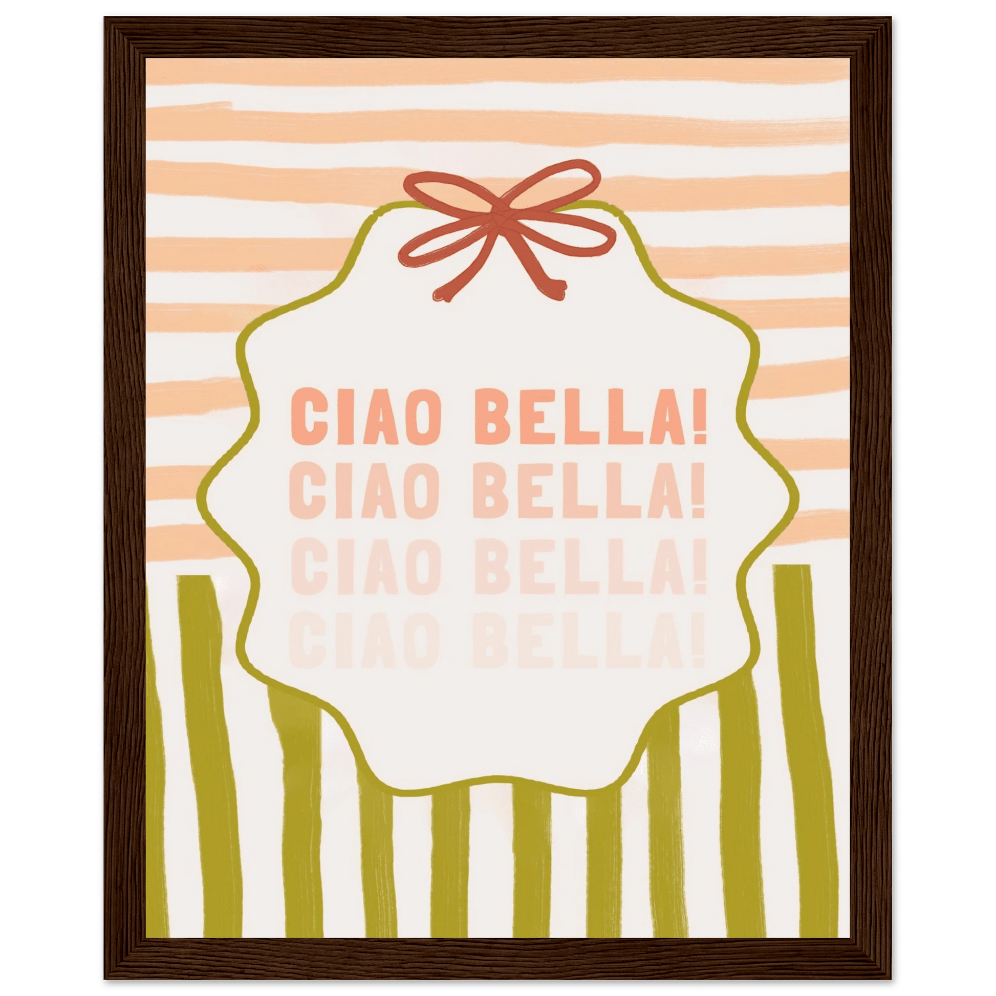 Ciao Bella Poster | Italian Typography Wall Art | Retro Stripe Bow Print | Cute Room Decor - Evergreen Posters
