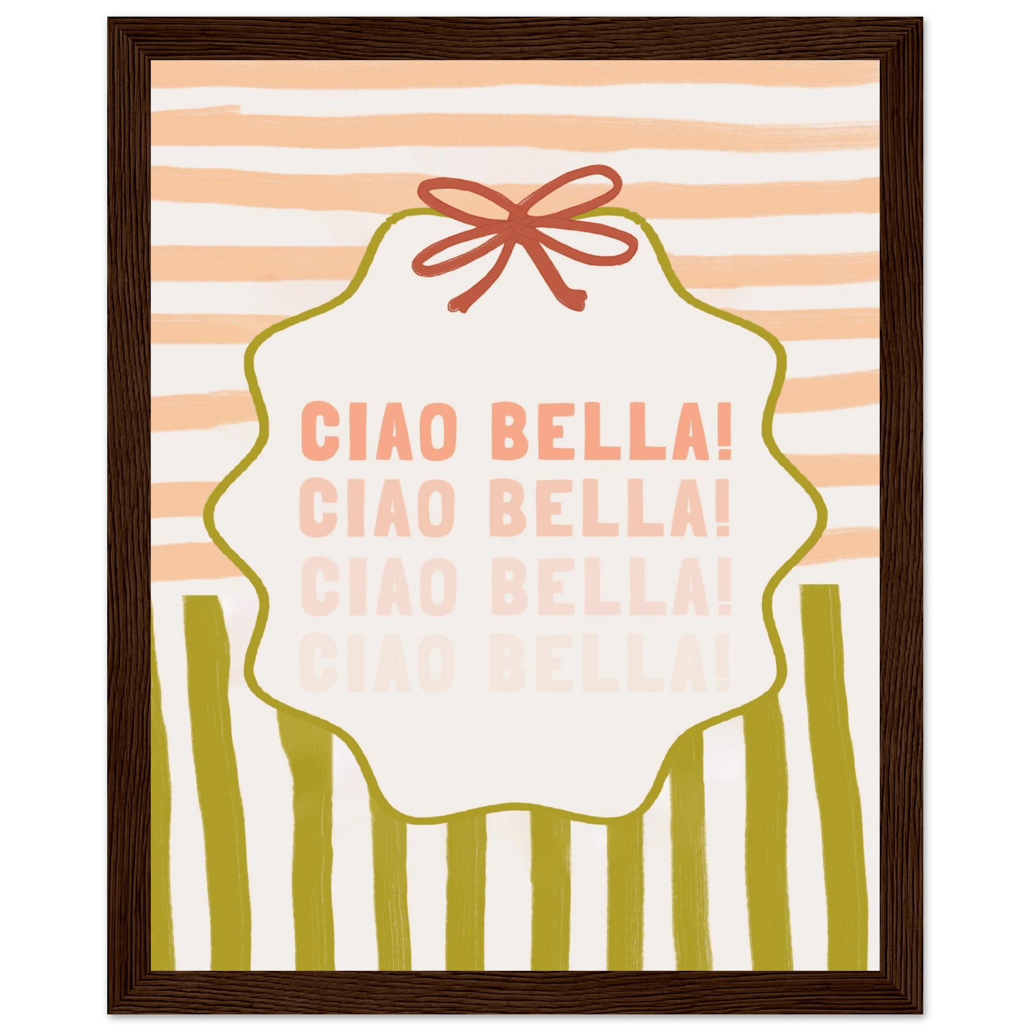 Ciao Bella Poster | Italian Typography Wall Art | Retro Stripe Bow Print | Cute Room Decor - Evergreen Posters