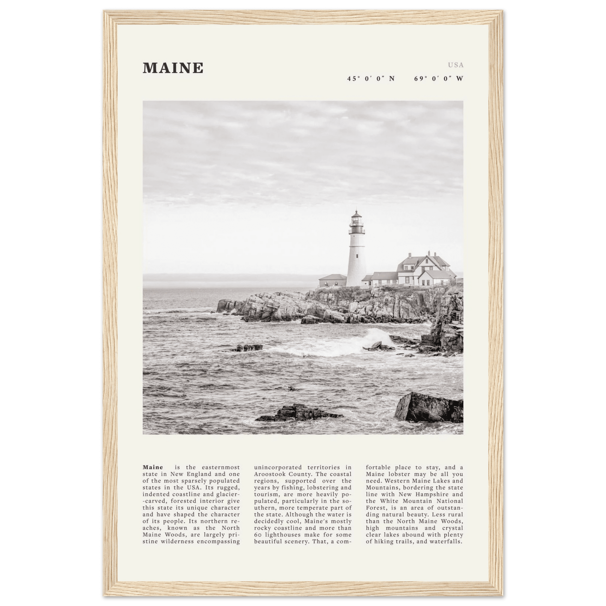 Maine Poster | Black & White Lighthouse Wall Art | New England Coastal Travel Print - Evergreen Posters
