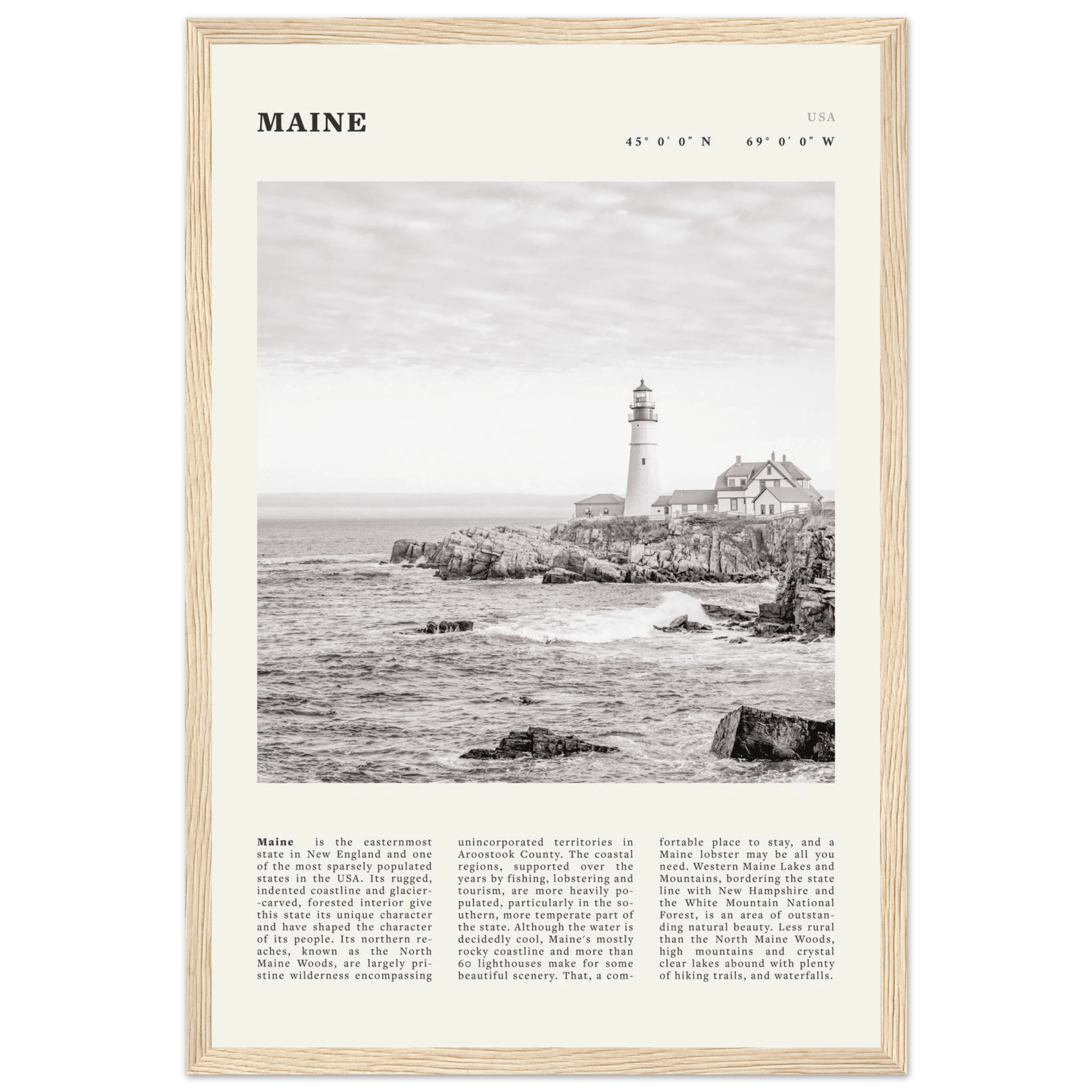 Maine Poster | Black & White Lighthouse Wall Art | New England Coastal Travel Print - Evergreen Posters