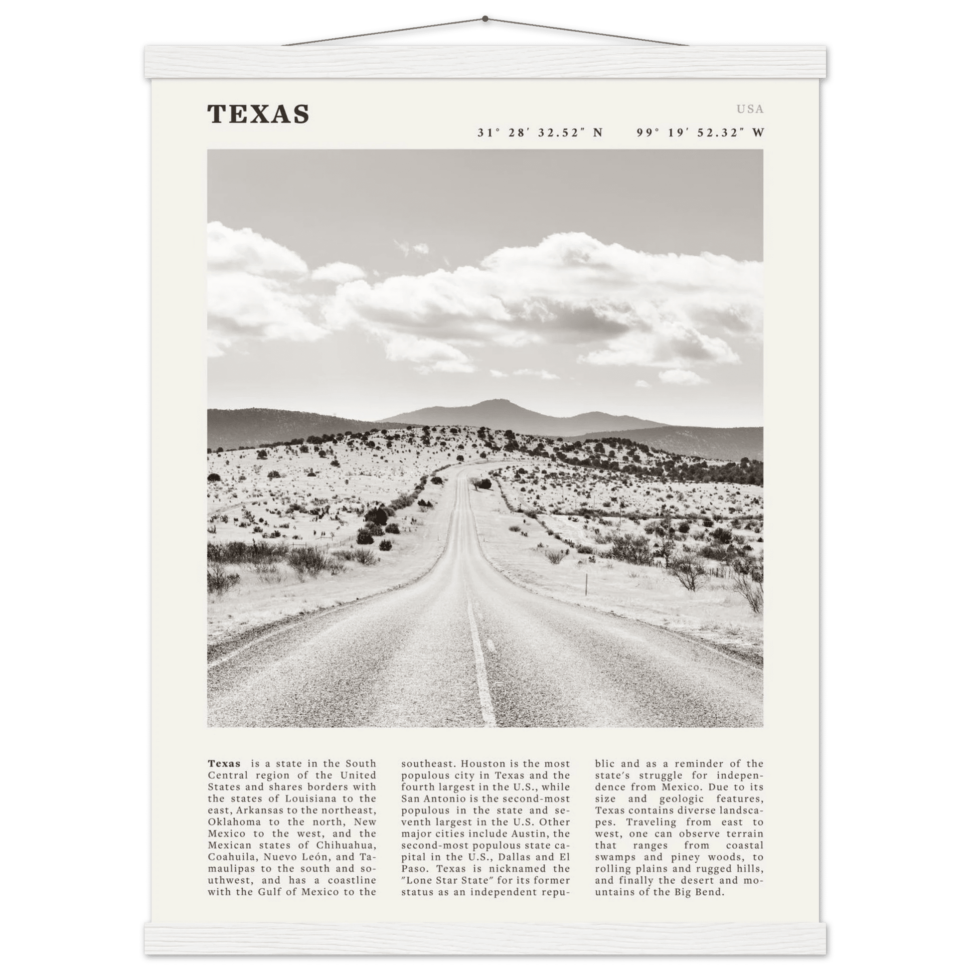 Texas Poster | Black & White Lone Star Road Wall Art | USA Travel Print Decor - Evergreen Posters