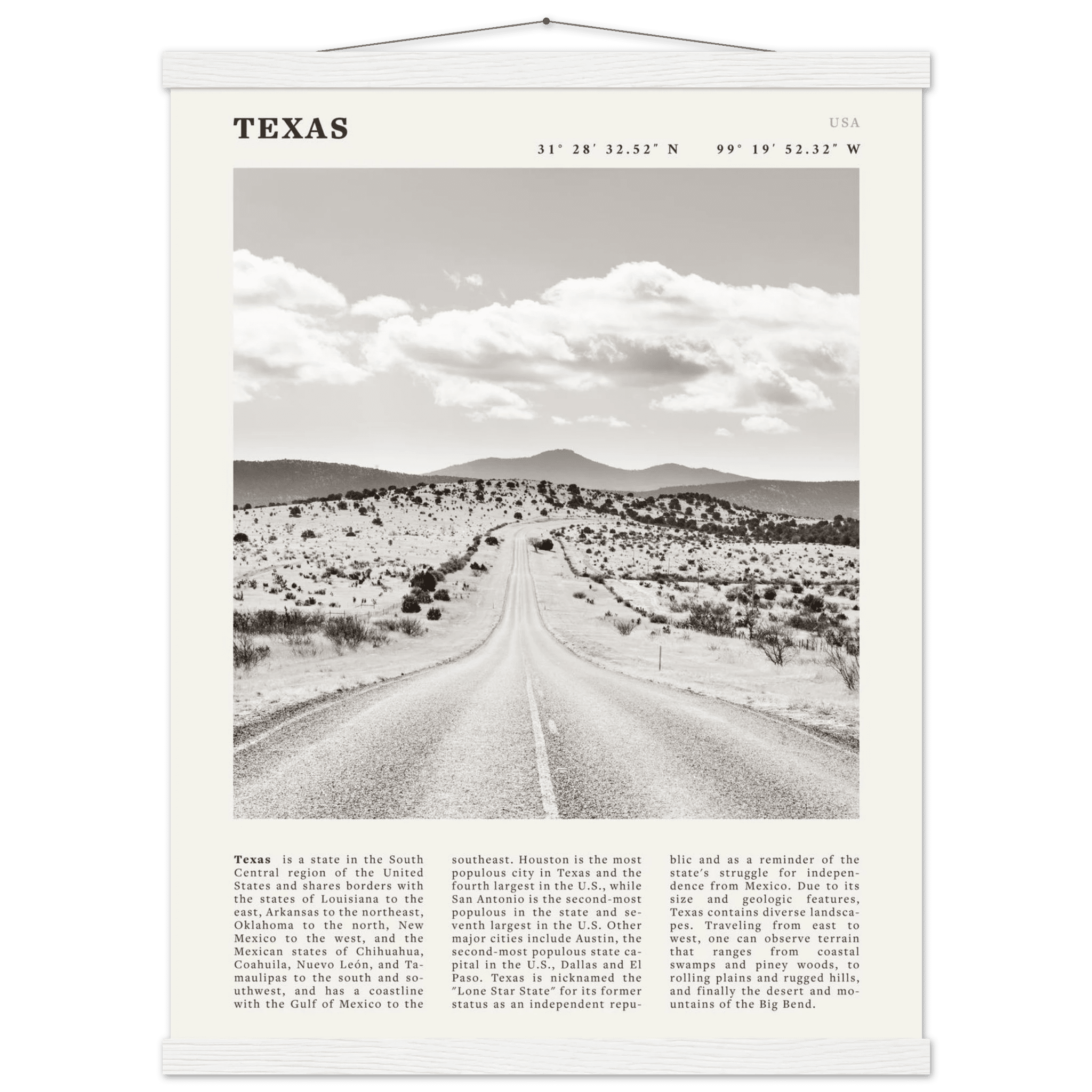 Texas Poster | Black & White Lone Star Road Wall Art | USA Travel Print Decor - Evergreen Posters