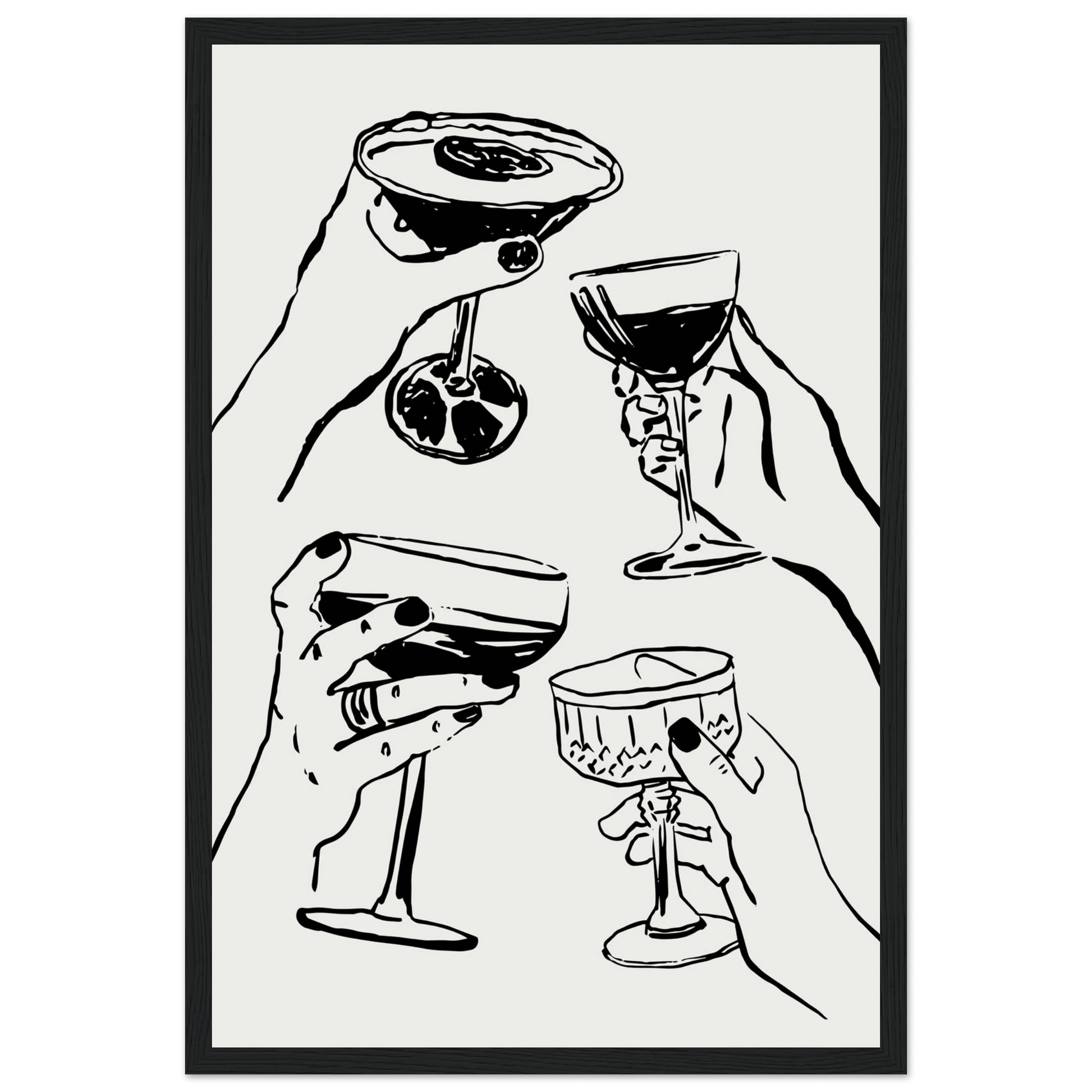Cheers Print | Black Line Art Cocktail Glasses Wall Art | Kitchen Bar Poster - Evergreen Posters