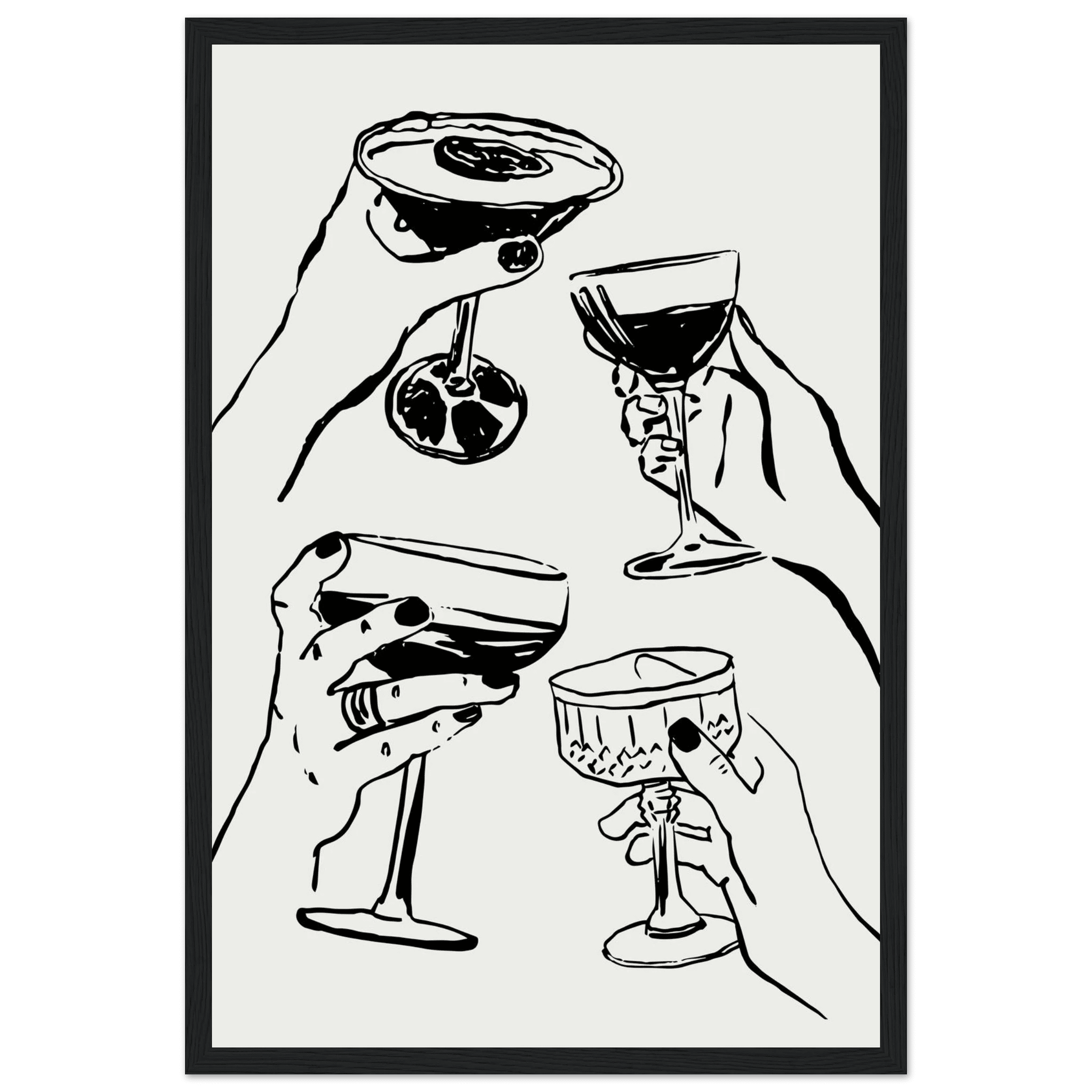 Cheers Print | Black Line Art Cocktail Glasses Wall Art | Kitchen Bar Poster - Evergreen Posters