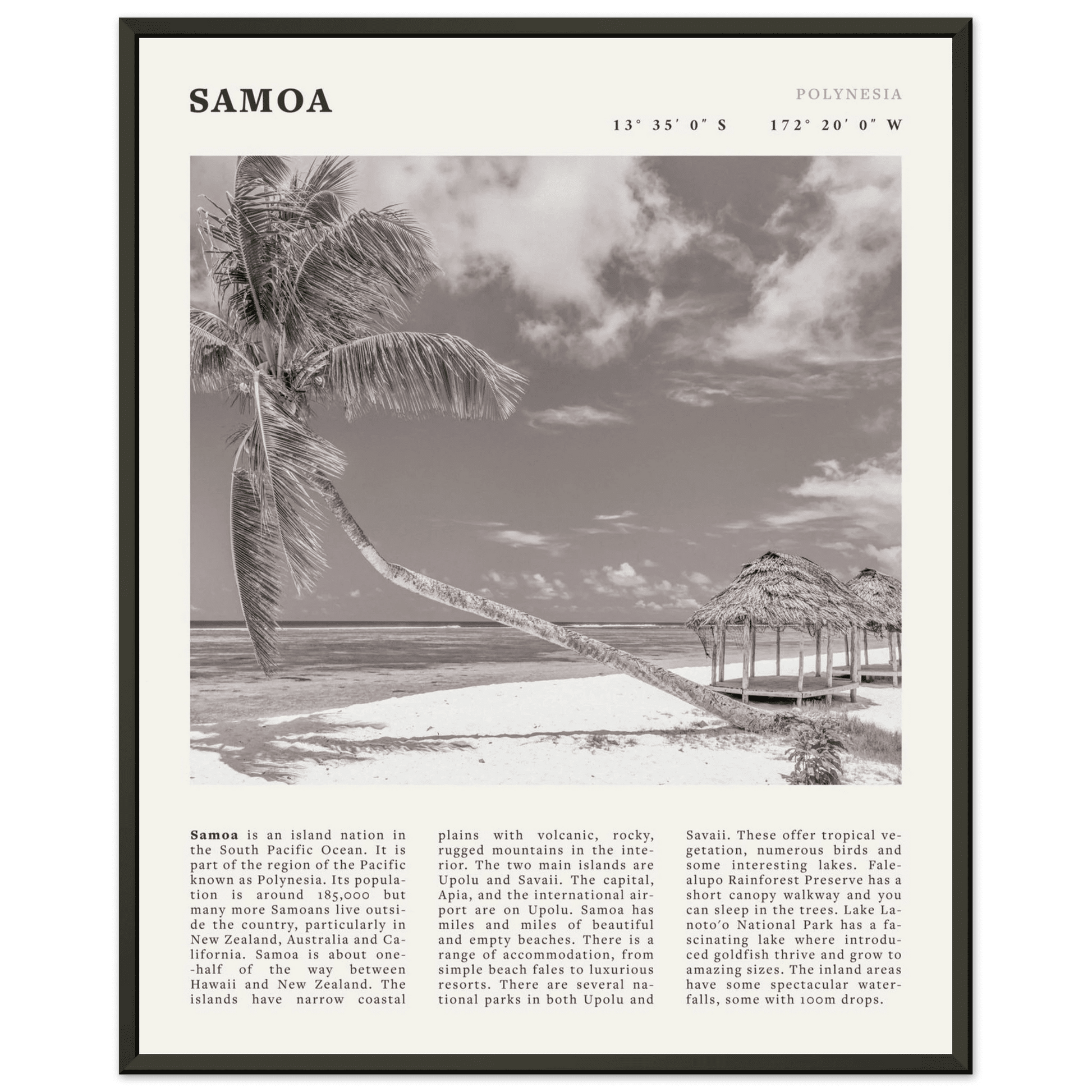 Samoa Poster | Black & White South Pacific Beach Wall Art | Polynesia Travel Print - Evergreen Posters
