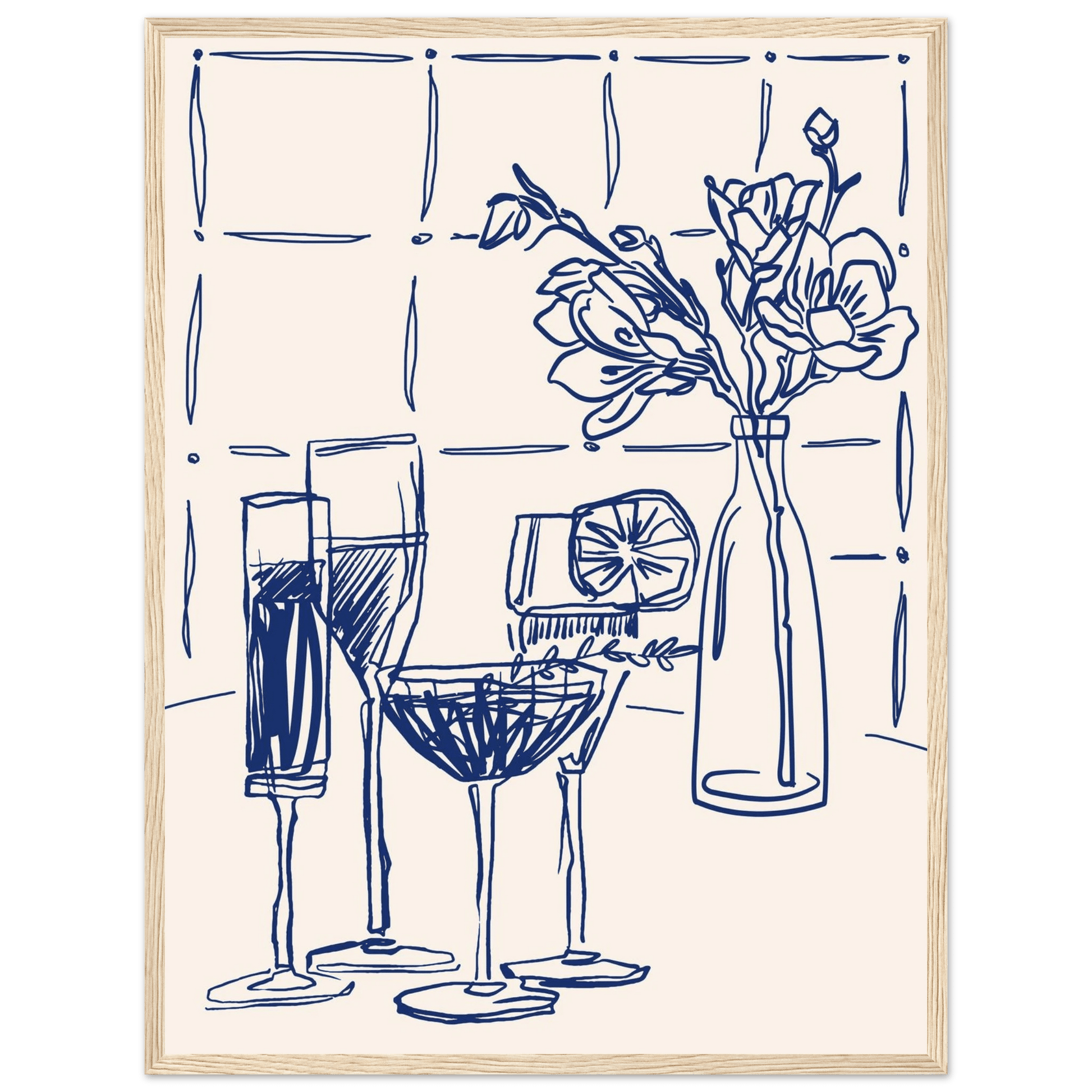 Cocktails & Flowers Print | Navy Blue Line Art Drinks Wall Art | Kitchen Bar Poster - Evergreen Posters