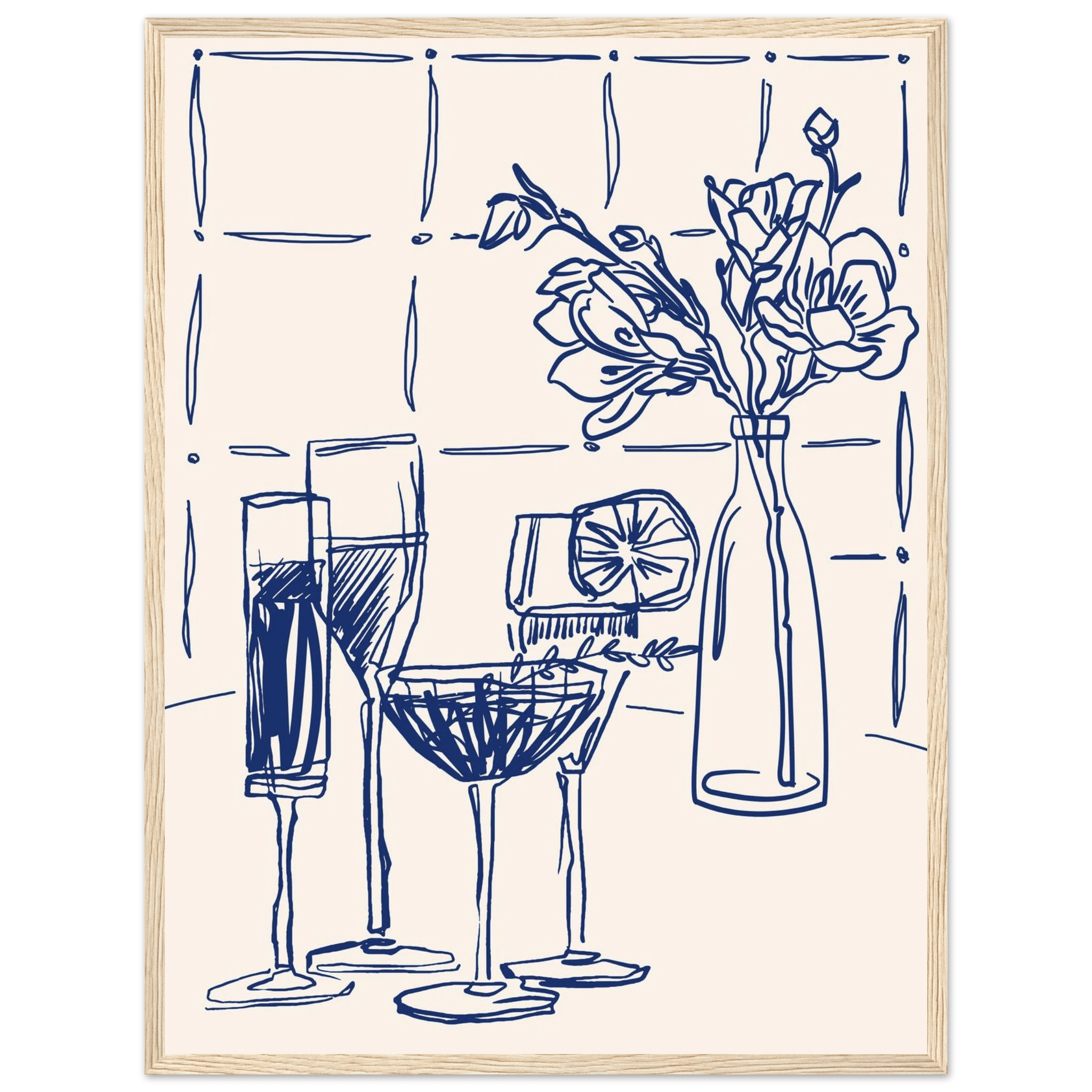Cocktails & Flowers Print | Navy Blue Line Art Drinks Wall Art | Kitchen Bar Poster - Evergreen Posters