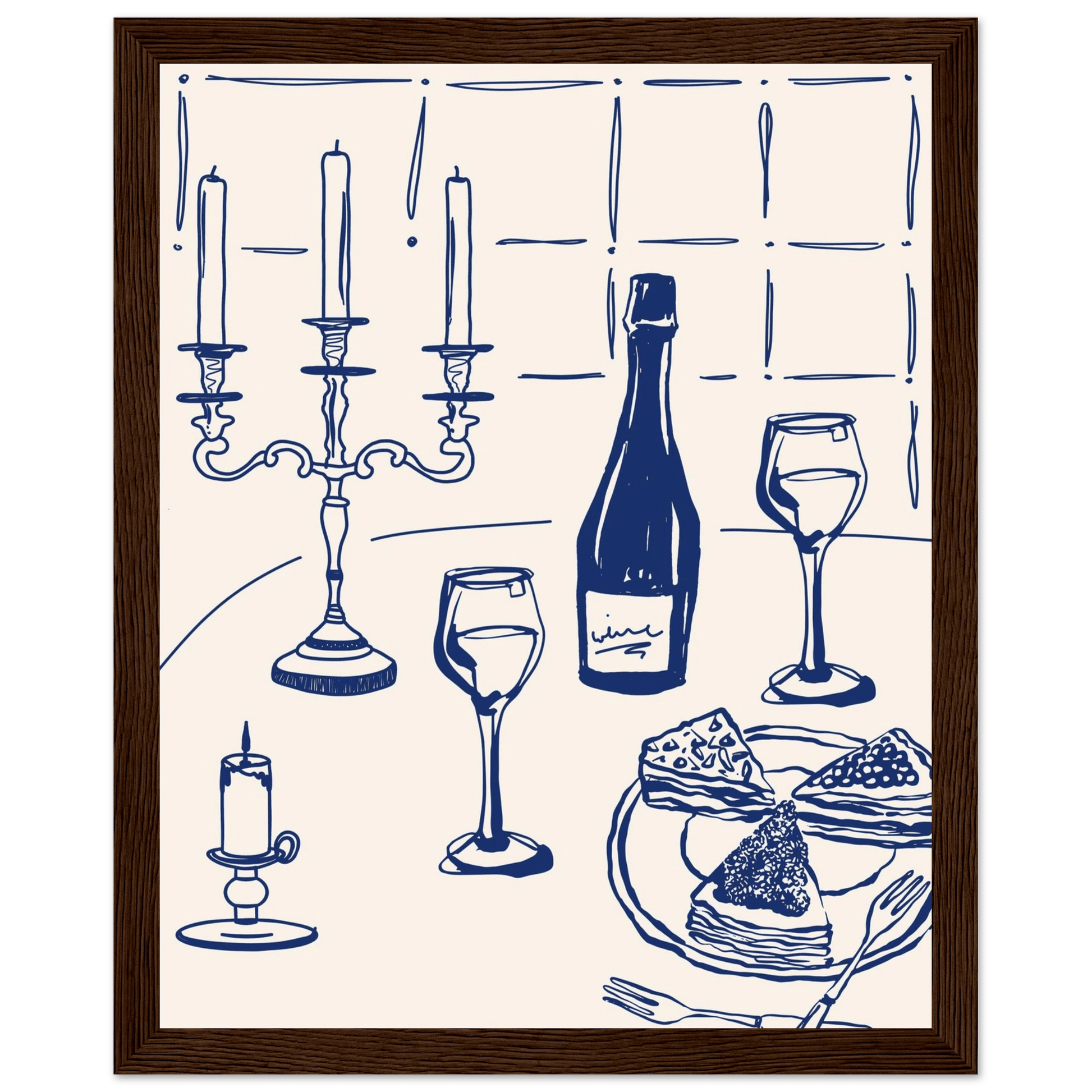 Candlelight Dinner Print | Navy Blue Wine & Candelabra Line Art | Kitchen Poster - Evergreen Posters