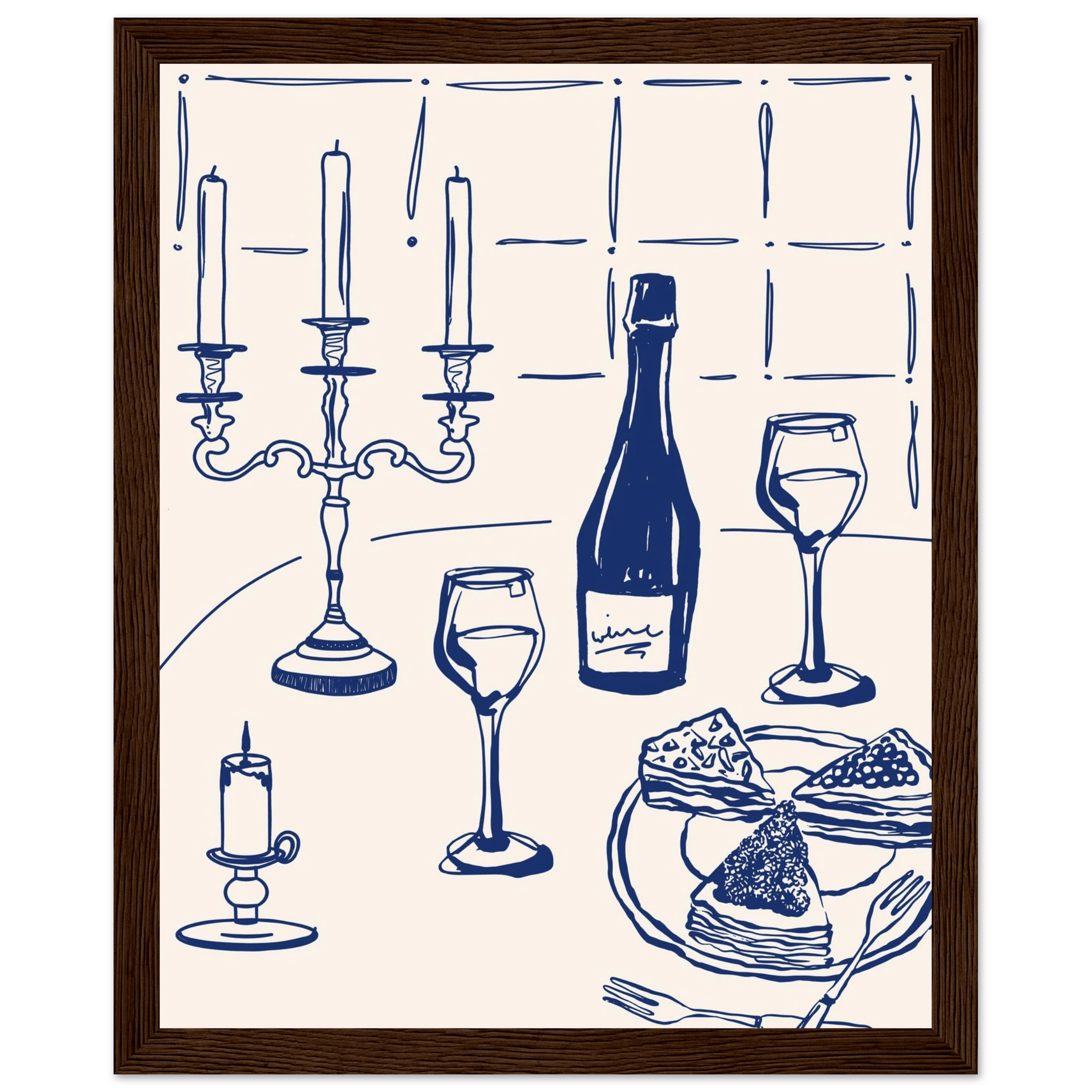 Candlelight Dinner Print | Navy Blue Wine & Candelabra Line Art | Kitchen Poster - Evergreen Posters