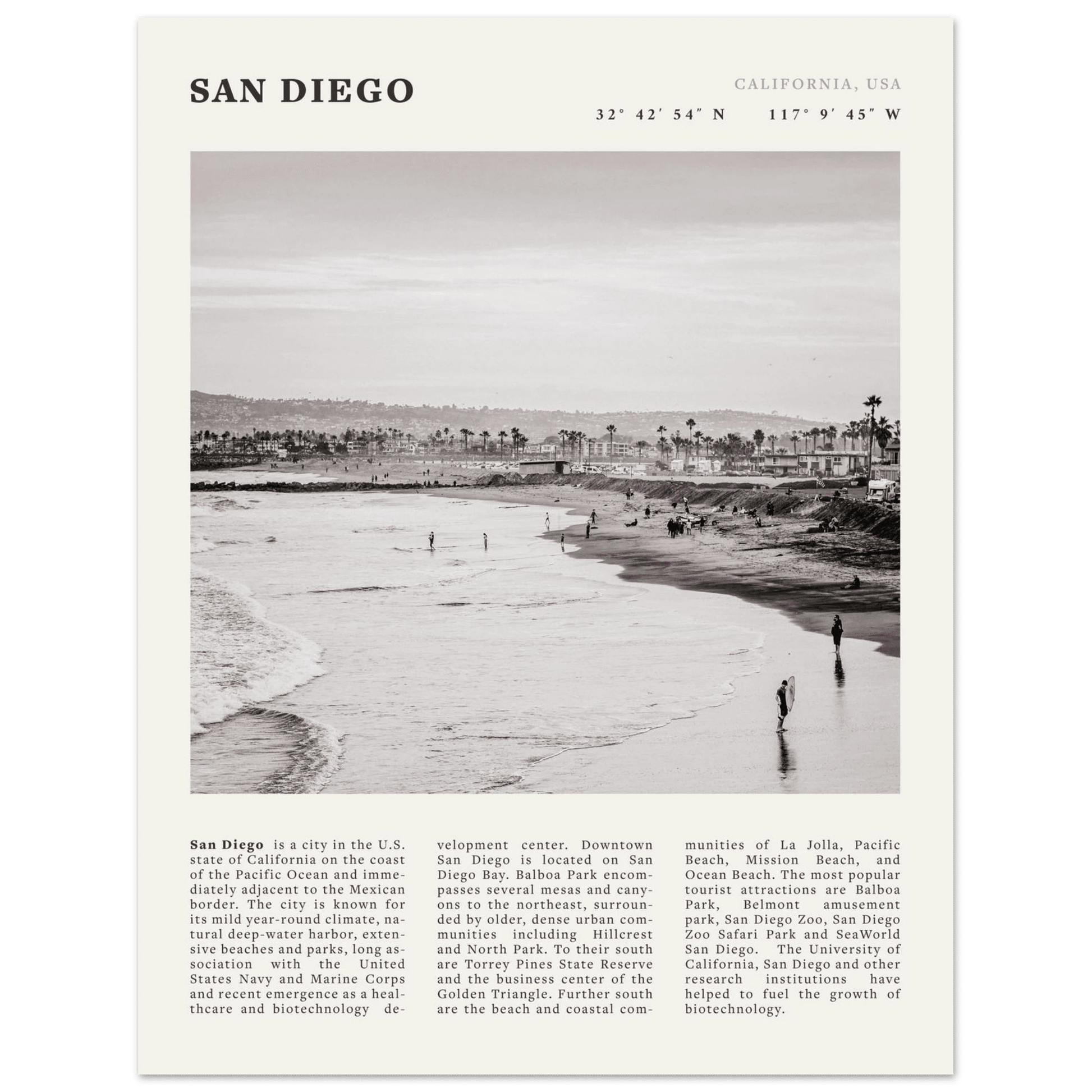 San Diego Poster | Black & White California Beach Wall Art | Coastal Travel Print Decor - Evergreen Posters