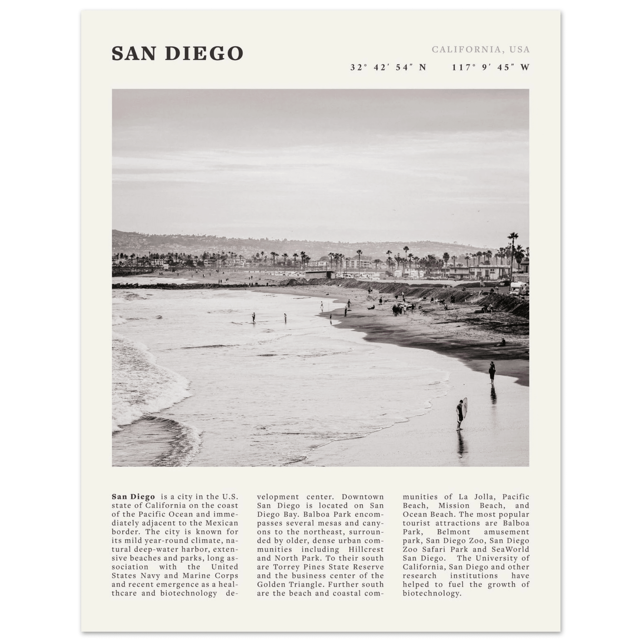 San Diego Poster | Black & White California Beach Wall Art | Coastal Travel Print Decor - Evergreen Posters