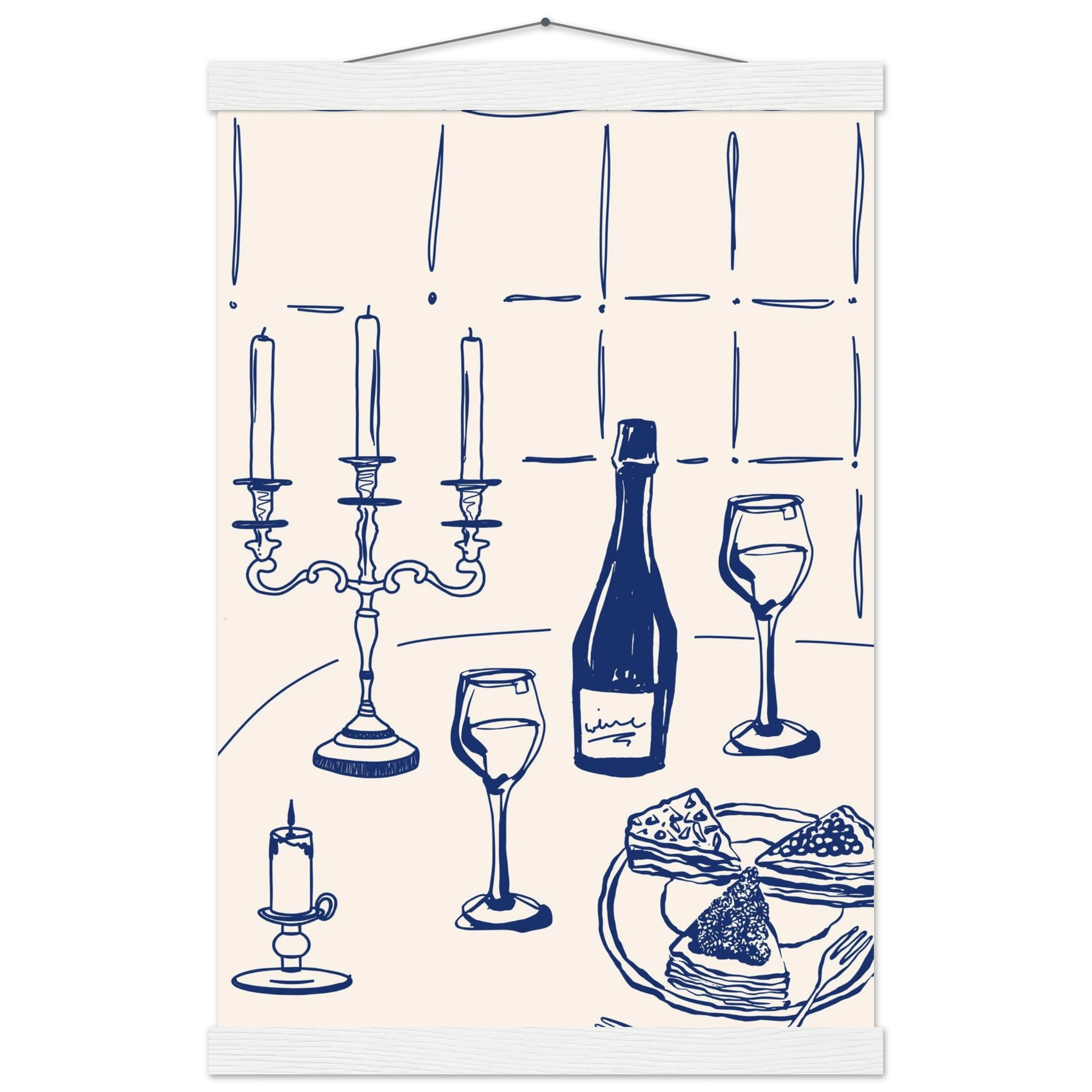 Candlelight Dinner Print | Navy Blue Wine & Candelabra Line Art | Kitchen Poster - Evergreen Posters