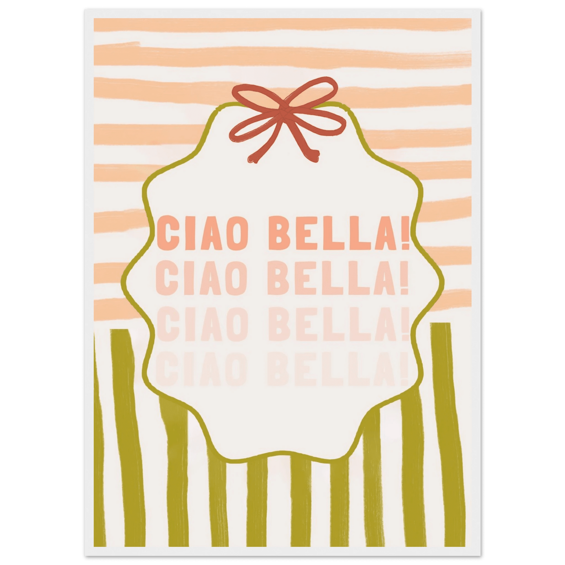 Ciao Bella Poster | Italian Typography Wall Art | Retro Stripe Bow Print | Cute Room Decor - Evergreen Posters