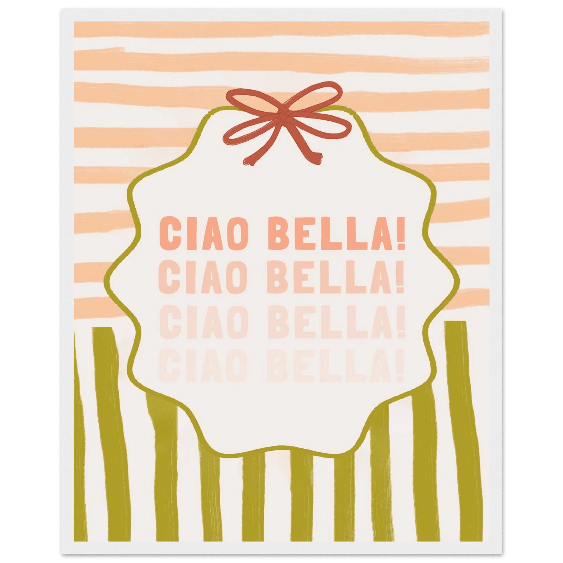 Ciao Bella Poster | Italian Typography Wall Art | Retro Stripe Bow Print | Cute Room Decor - Evergreen Posters