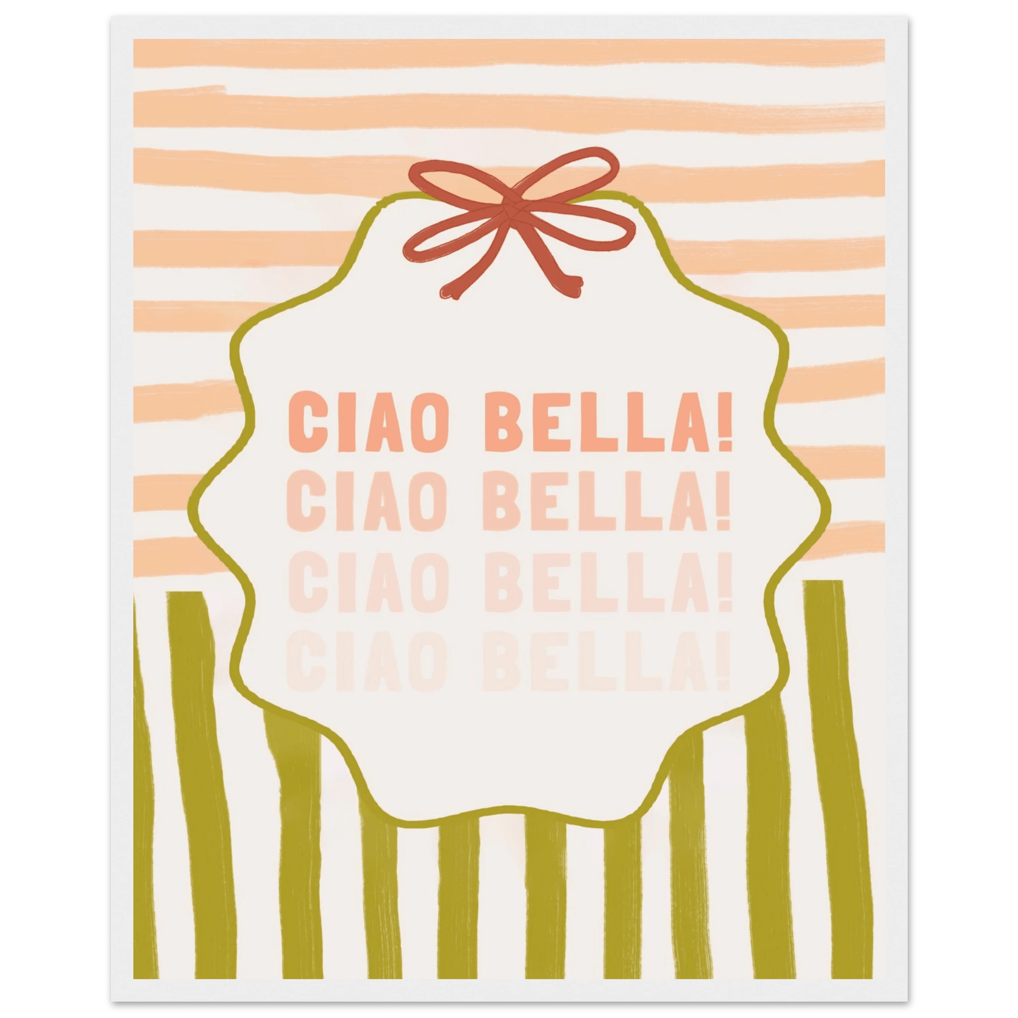 Ciao Bella Poster | Italian Typography Wall Art | Retro Stripe Bow Print | Cute Room Decor - Evergreen Posters