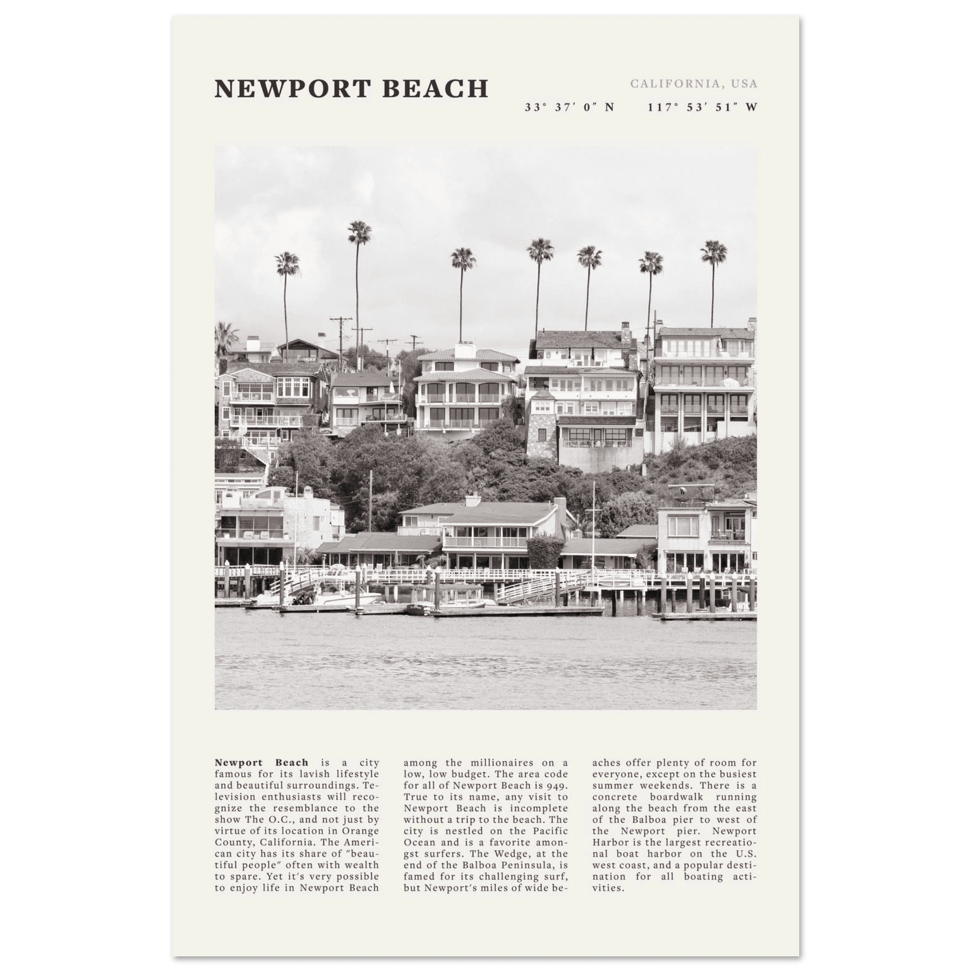 Newport Beach Poster | Black & White California Harbor Wall Art | Coastal Print - Evergreen Posters