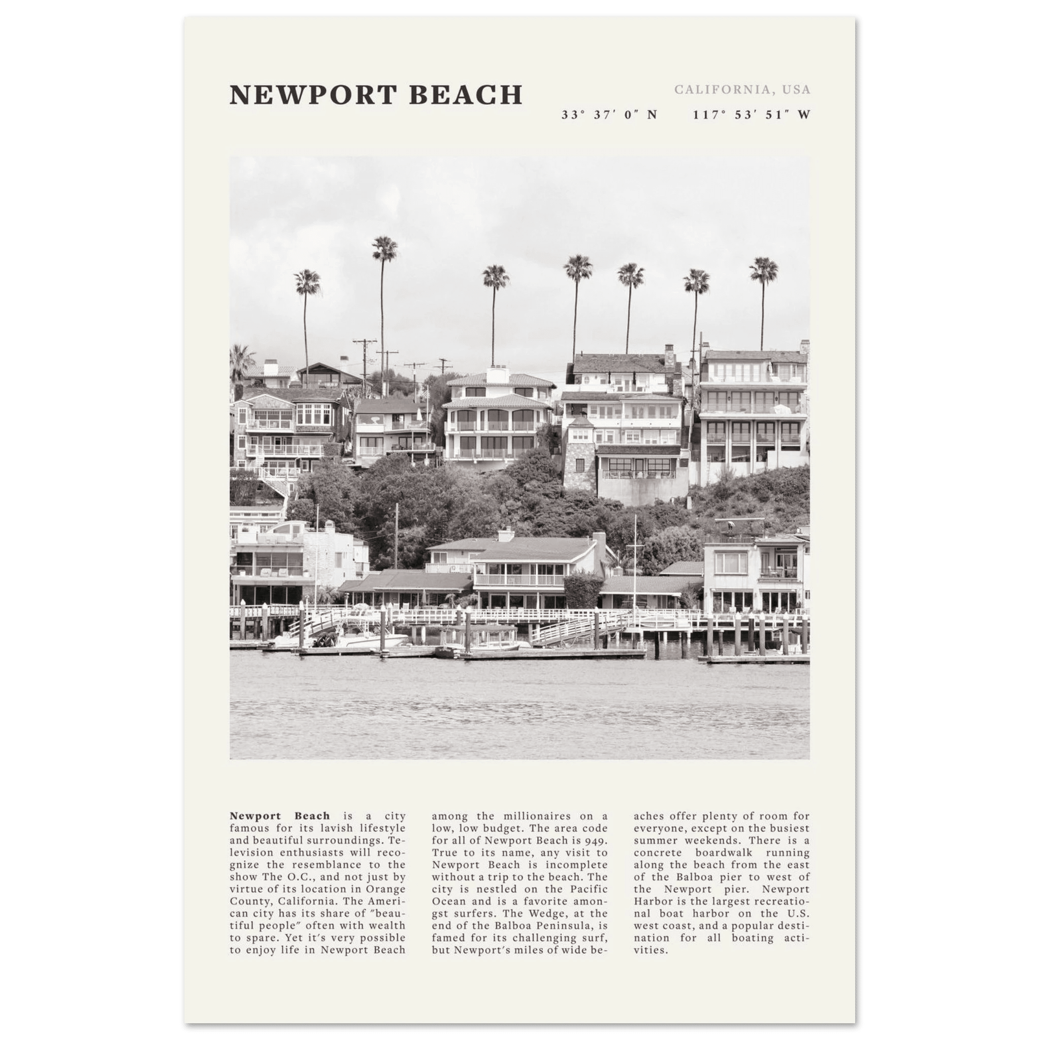 Newport Beach Poster | Black & White California Harbor Wall Art | Coastal Print - Evergreen Posters