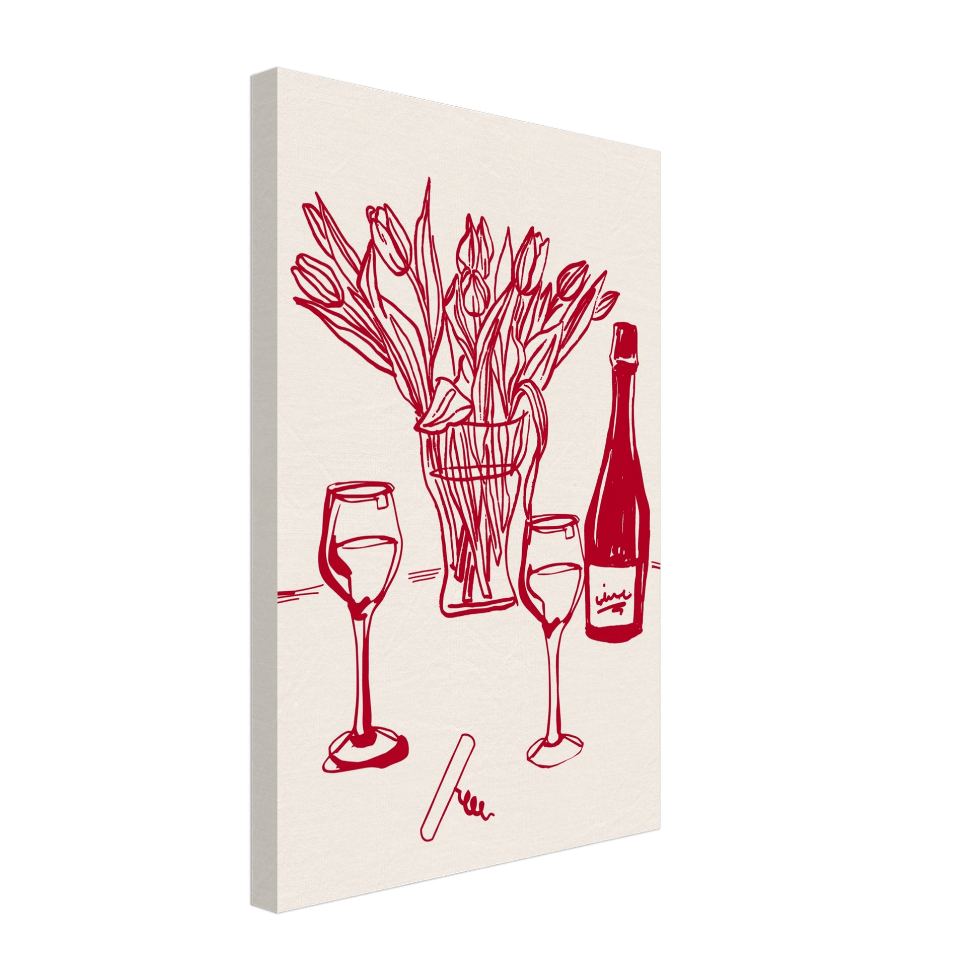 Red Wine & Tulips Print | Line Art Wine Bottle Wall Art | Kitchen Poster - Evergreen Posters