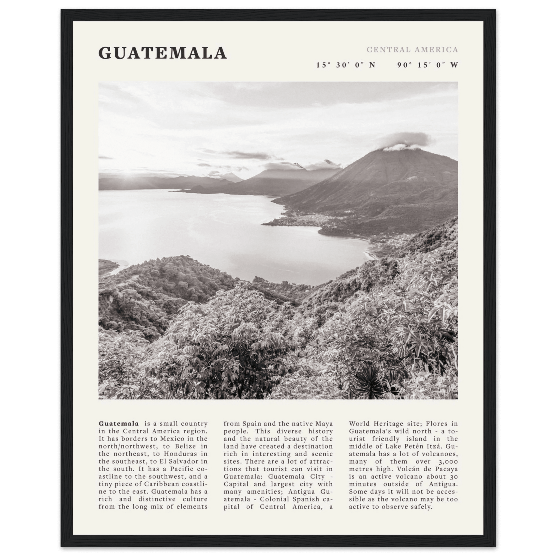 Guatemala Poster | Black & White Lake Atitlan Wall Art | Central America Travel Print - Evergreen Posters