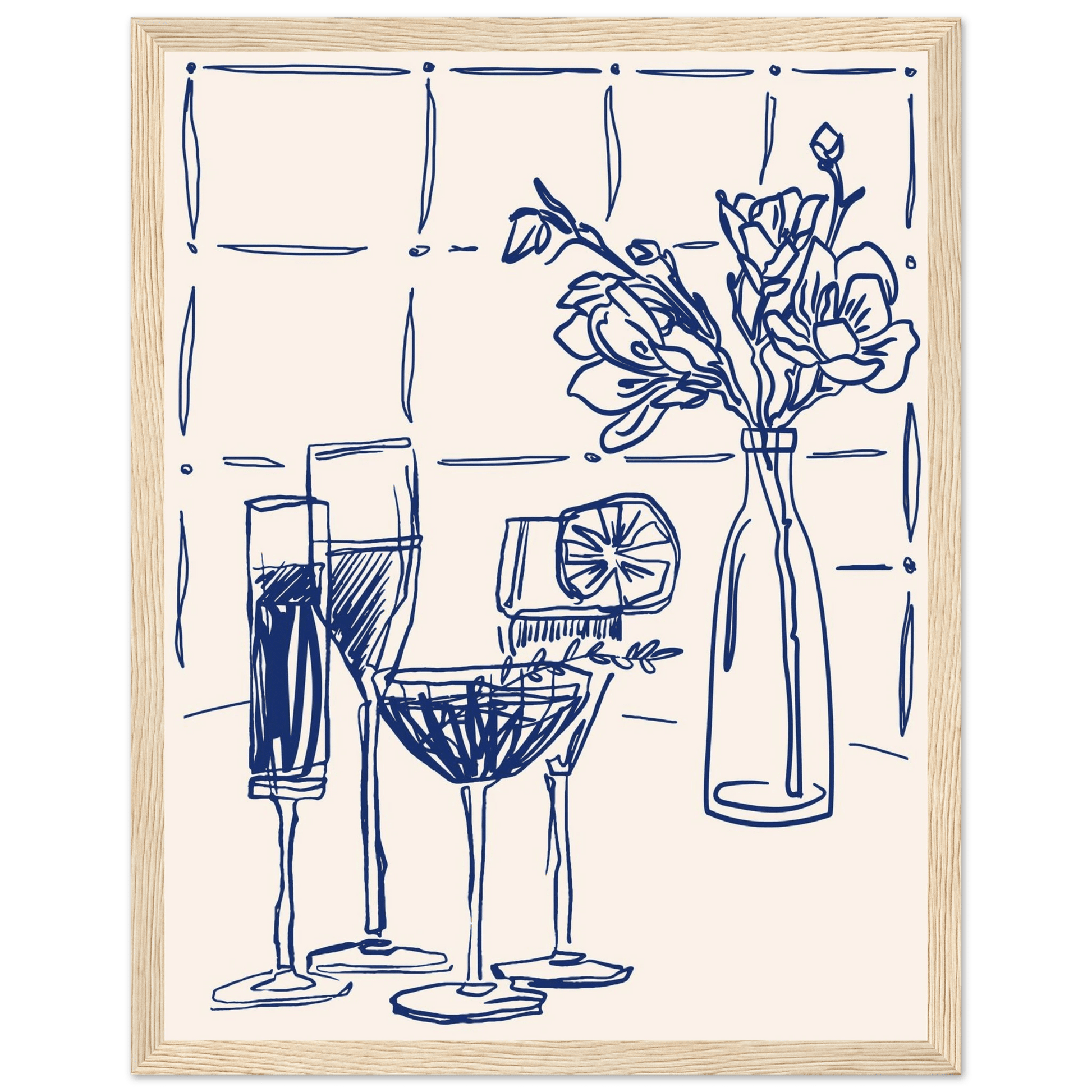 Cocktails & Flowers Print | Navy Blue Line Art Drinks Wall Art | Kitchen Bar Poster - Evergreen Posters