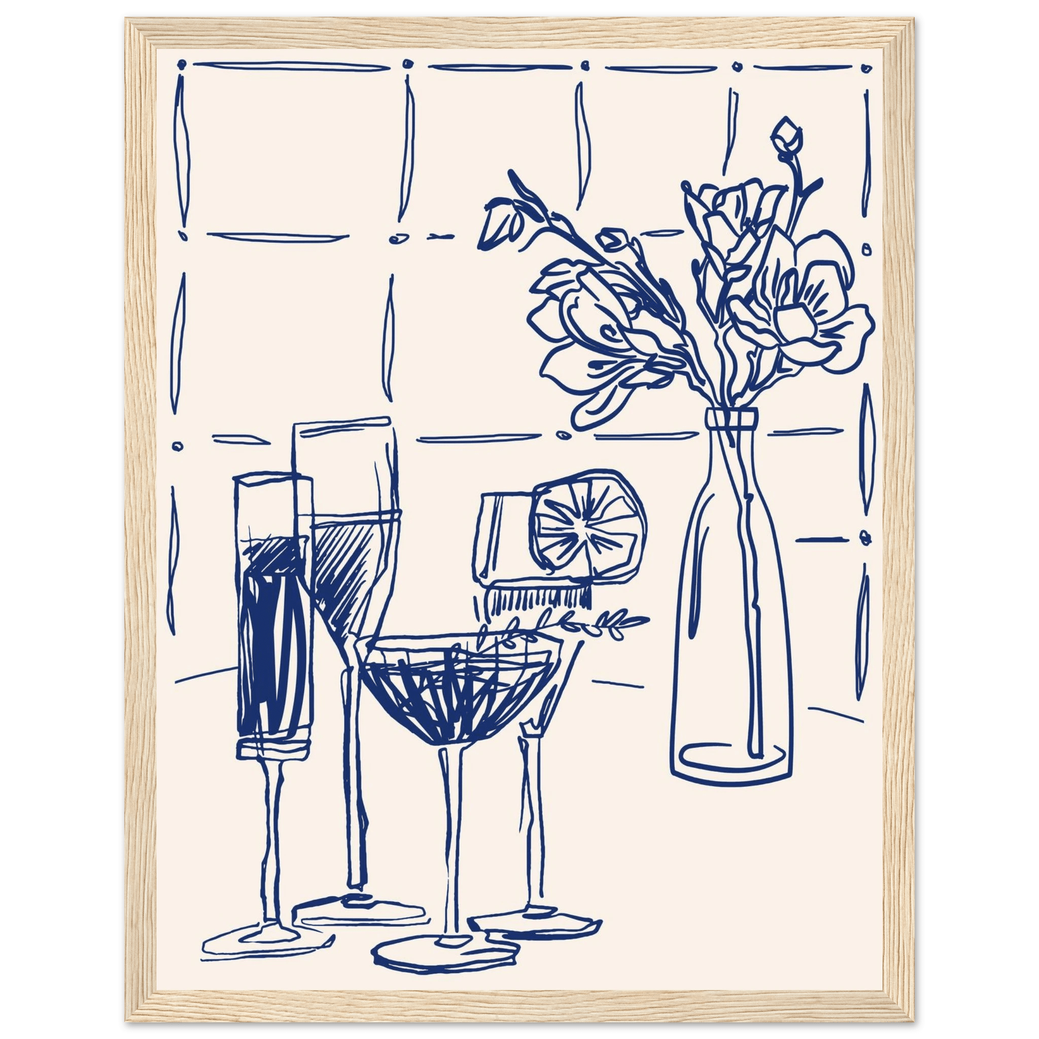 Cocktails & Flowers Print | Navy Blue Line Art Drinks Wall Art | Kitchen Bar Poster - Evergreen Posters
