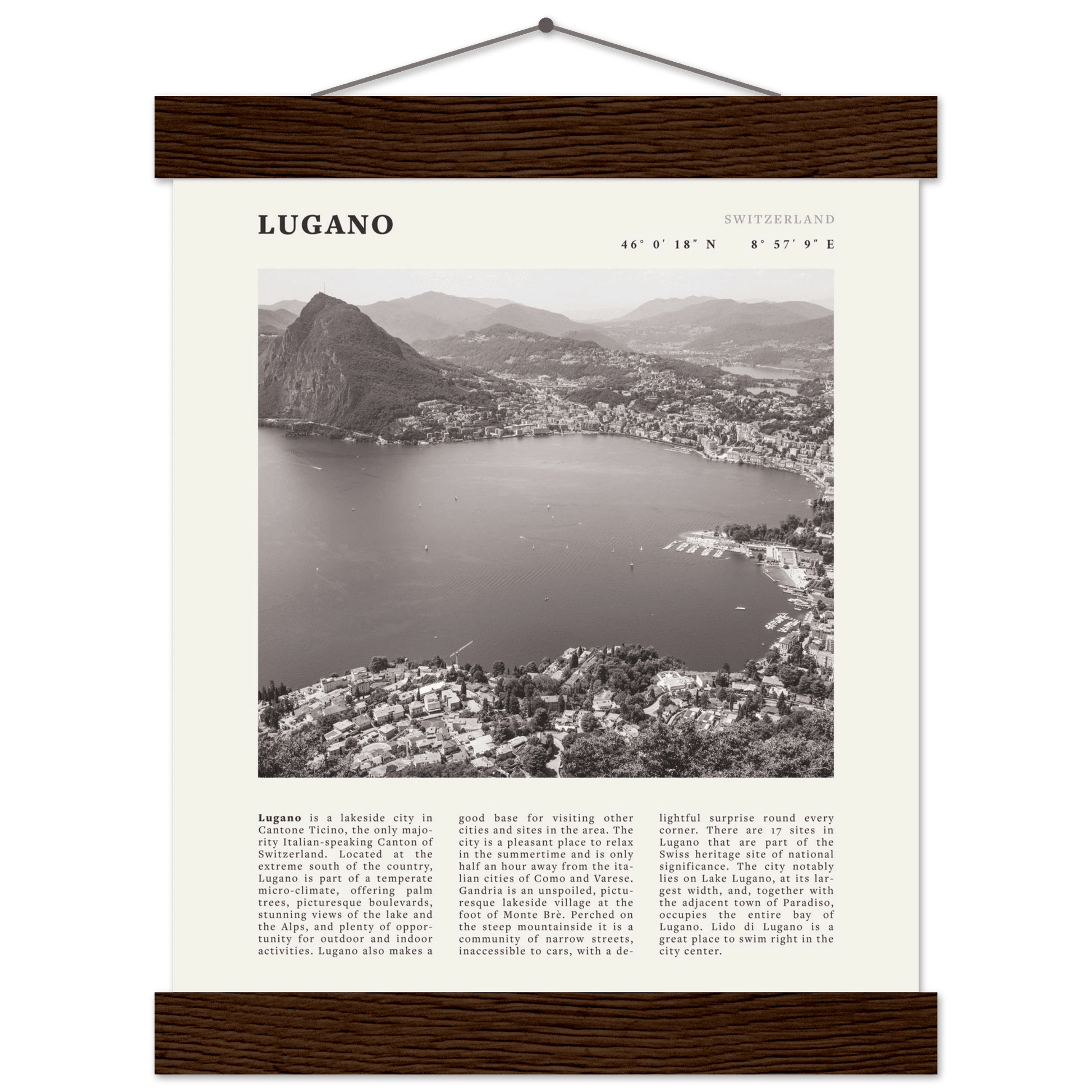 Lugano Poster | Black & White Swiss Lake Wall Art | Switzerland Travel Print - Evergreen Posters