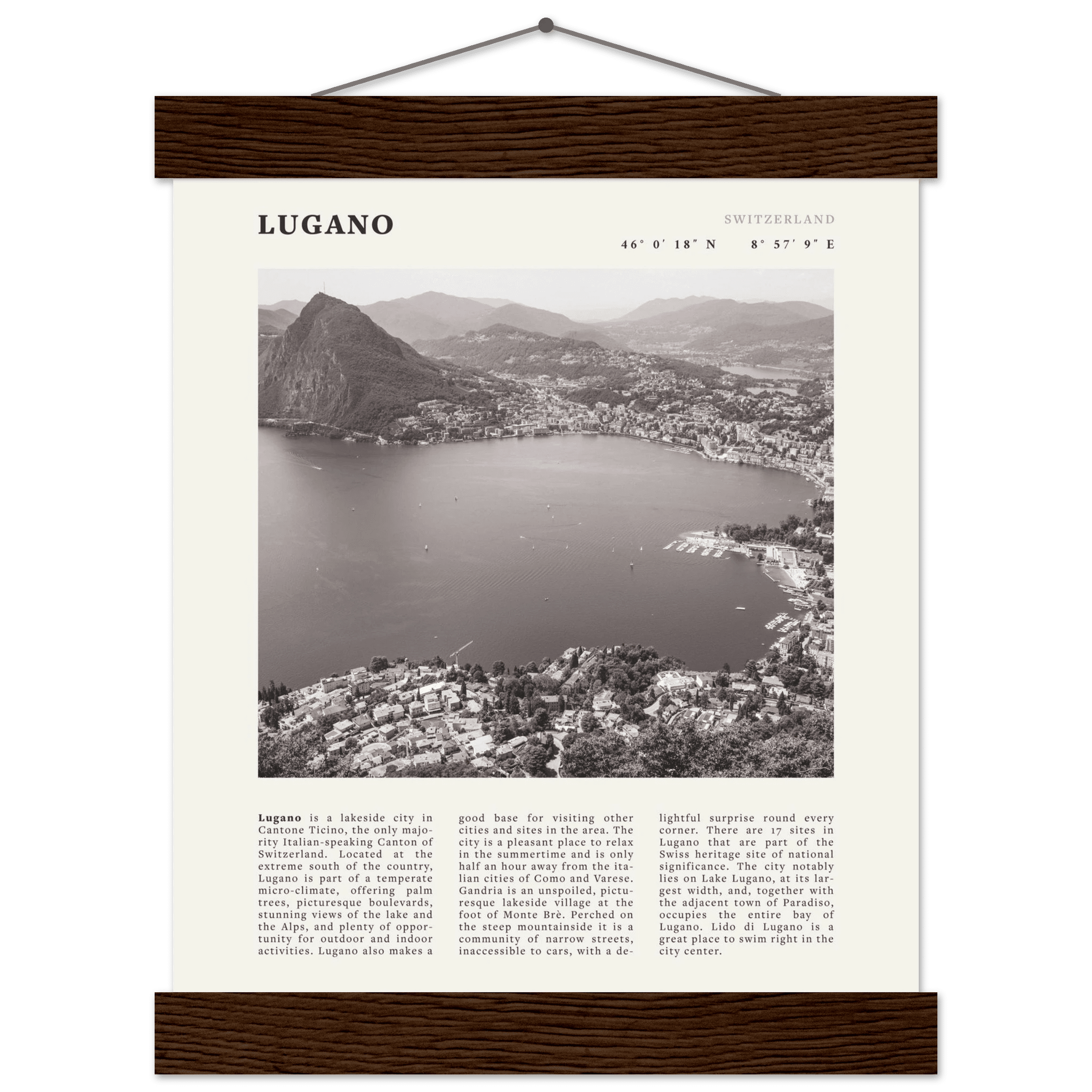 Lugano Poster | Black & White Swiss Lake Wall Art | Switzerland Travel Print - Evergreen Posters