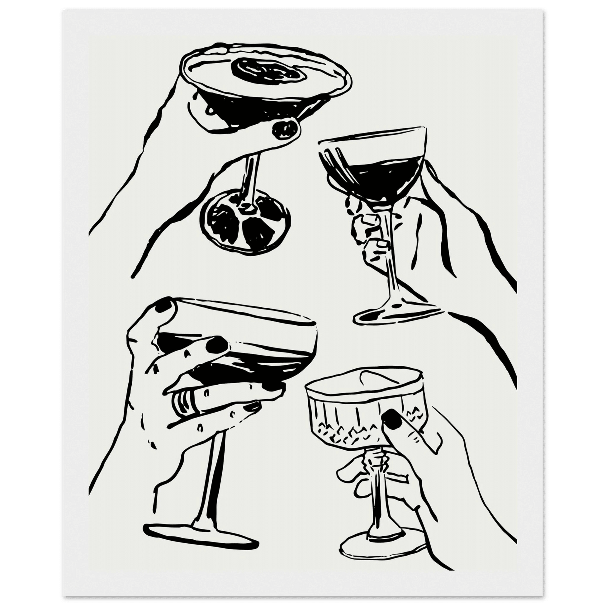 Cheers Print | Black Line Art Cocktail Glasses Wall Art | Kitchen Bar Poster - Evergreen Posters