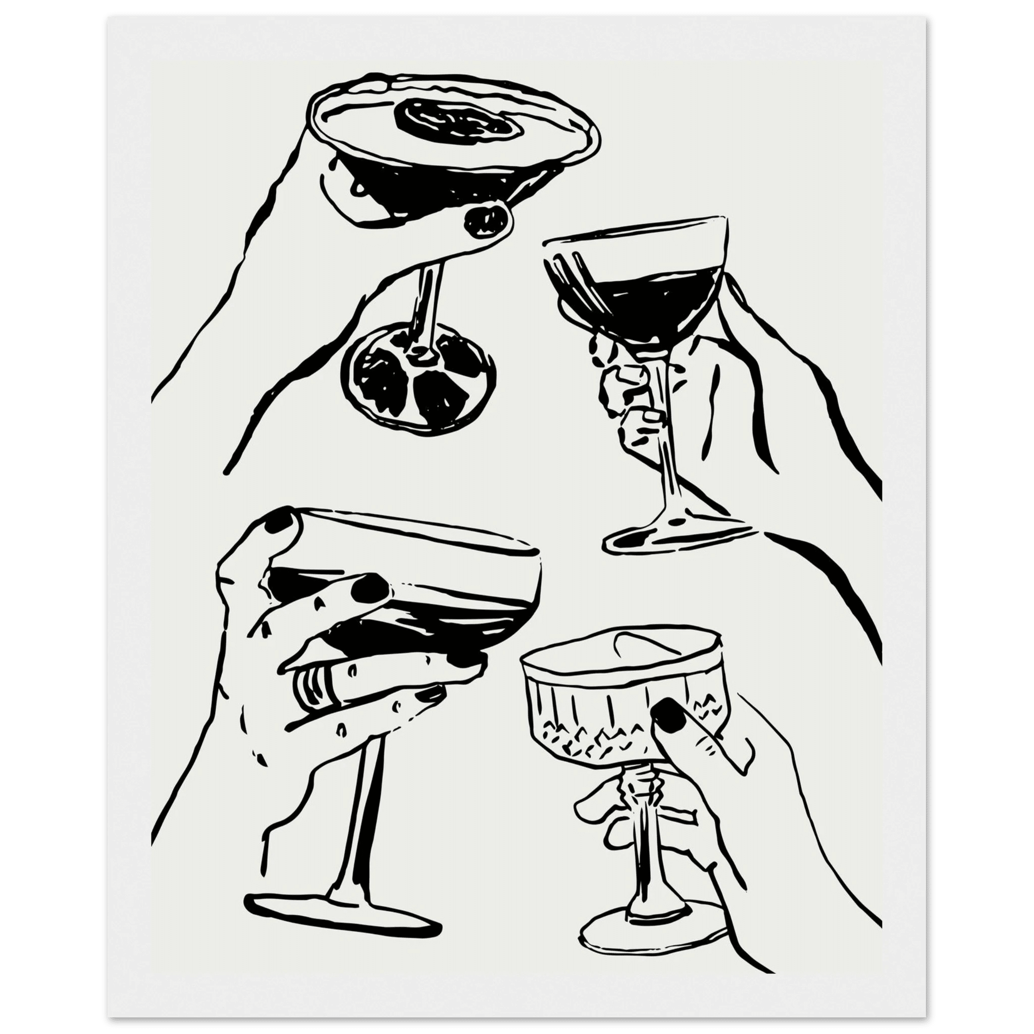 Cheers Print | Black Line Art Cocktail Glasses Wall Art | Kitchen Bar Poster - Evergreen Posters