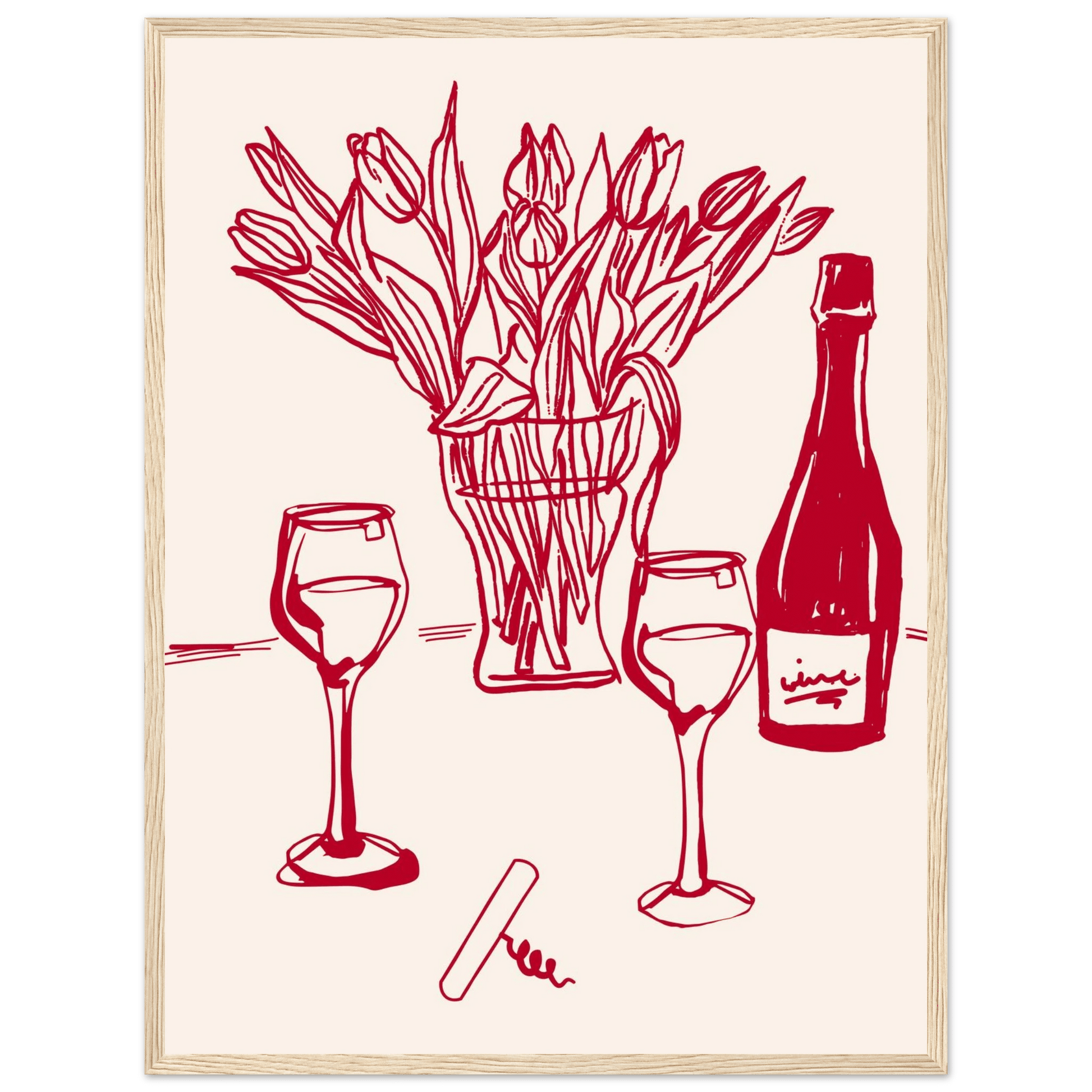 Red Wine & Tulips Print | Line Art Wine Bottle Wall Art | Kitchen Poster - Evergreen Posters