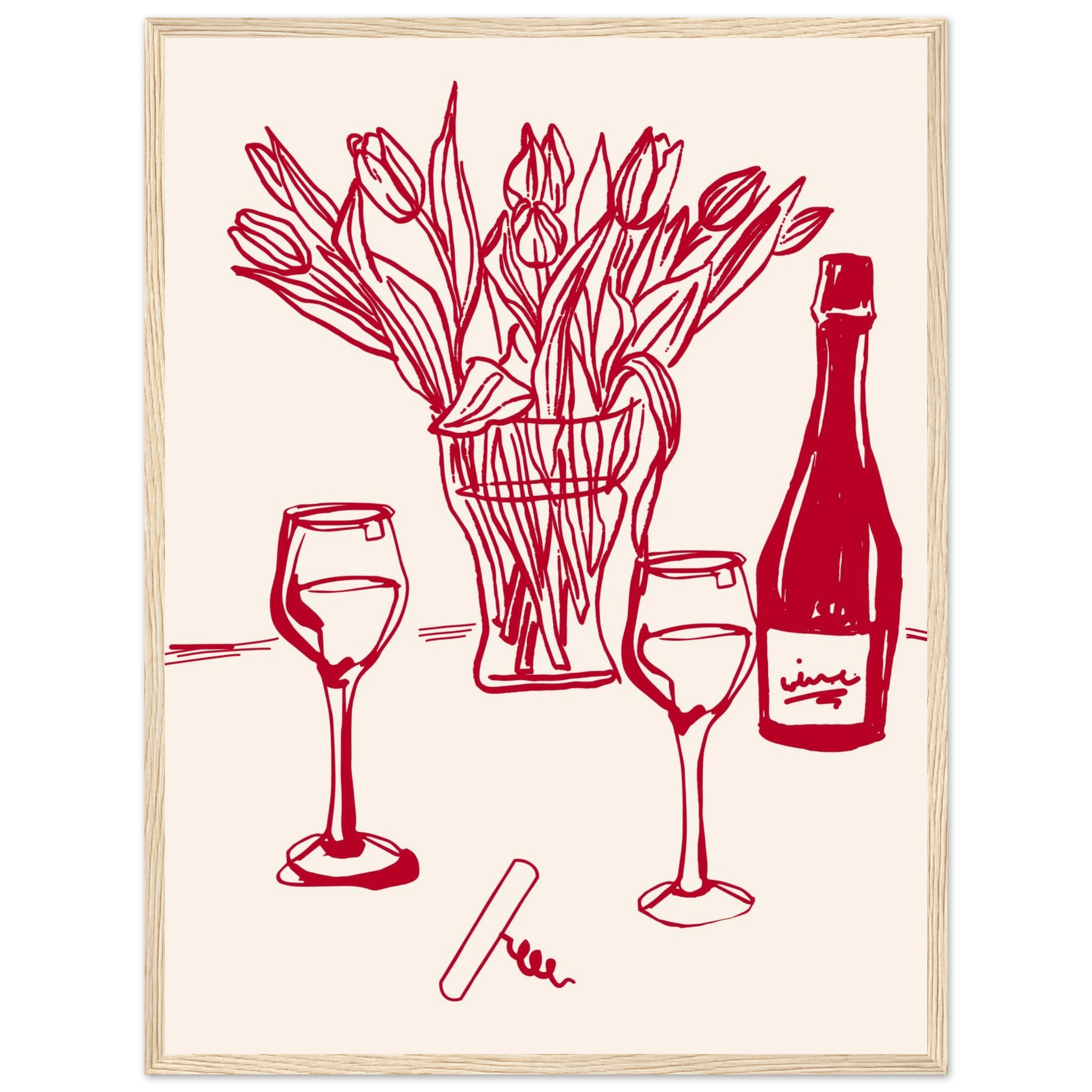 Red Wine & Tulips Print | Line Art Wine Bottle Wall Art | Kitchen Poster - Evergreen Posters