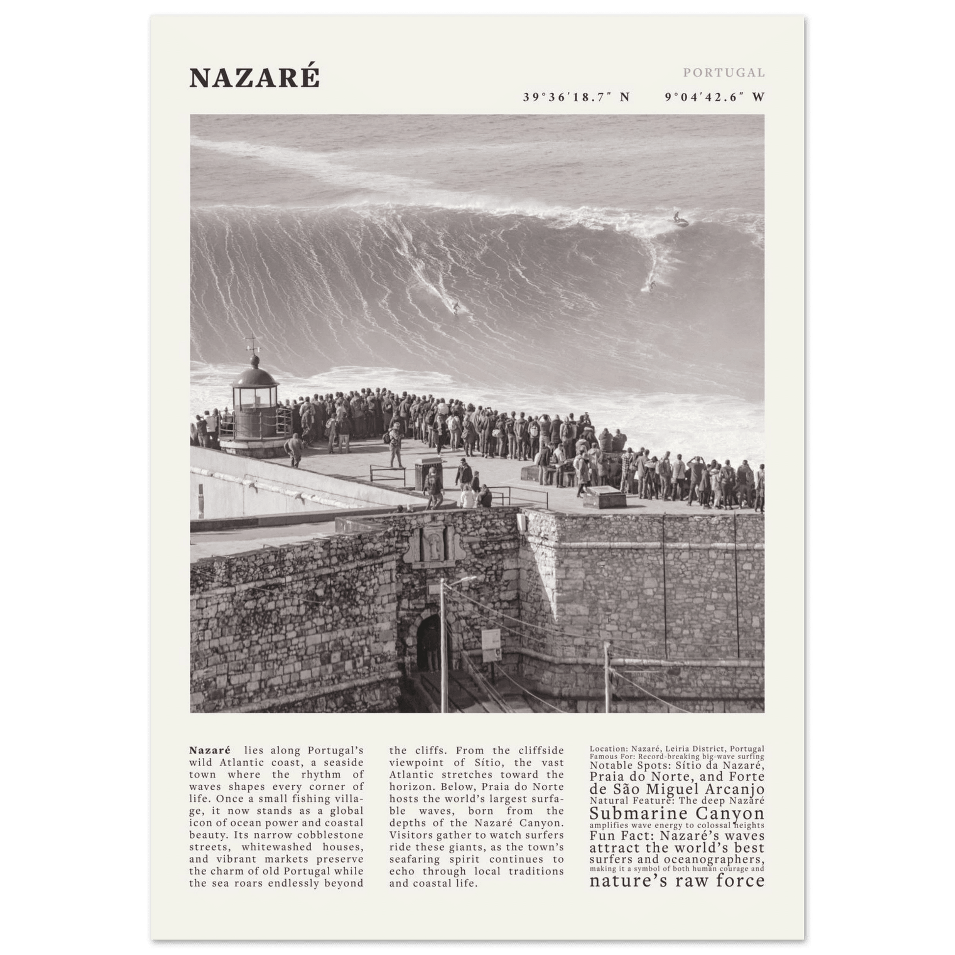 Nazaré Portugal Poster Black and White – Vintage Big Waves Surf Print (Digital & Printed Options) - Evergreen Posters