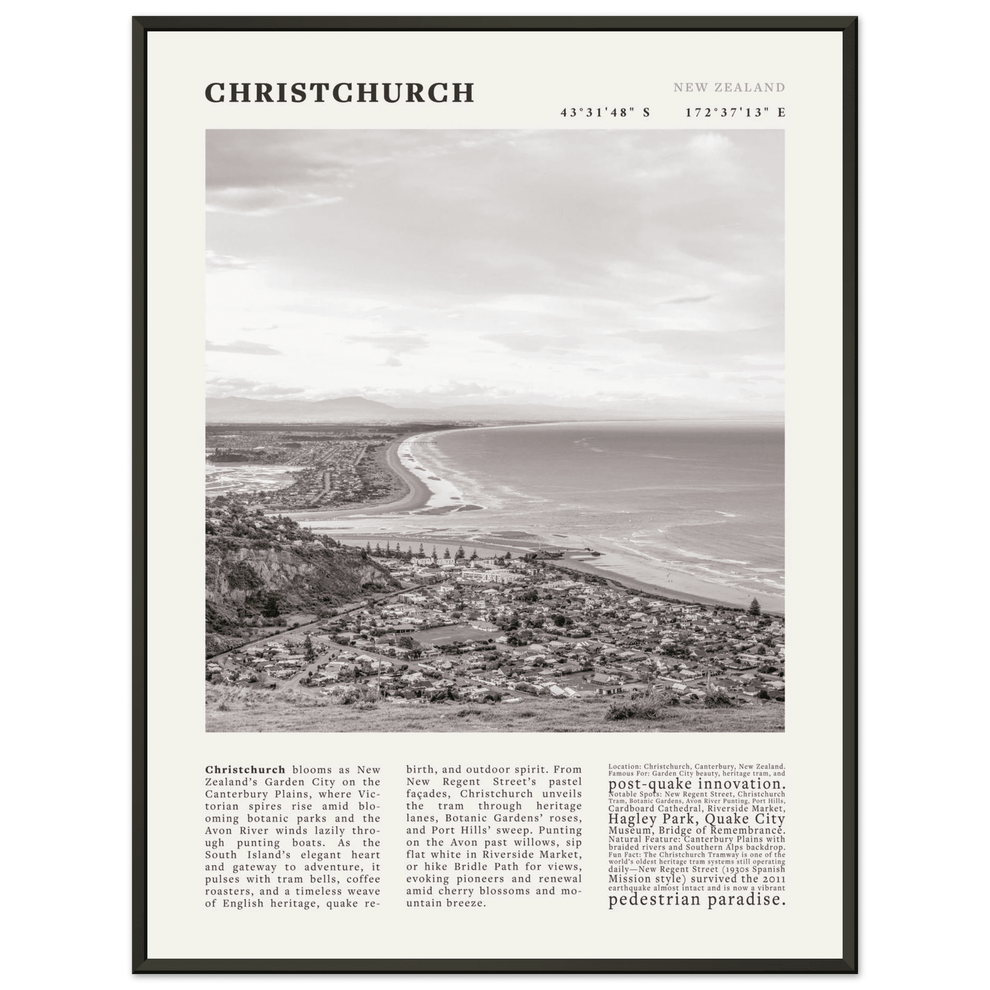 Christchurch New Zealand Poster Black and White – Vintage Garden City Panorama Print - Evergreen Posters