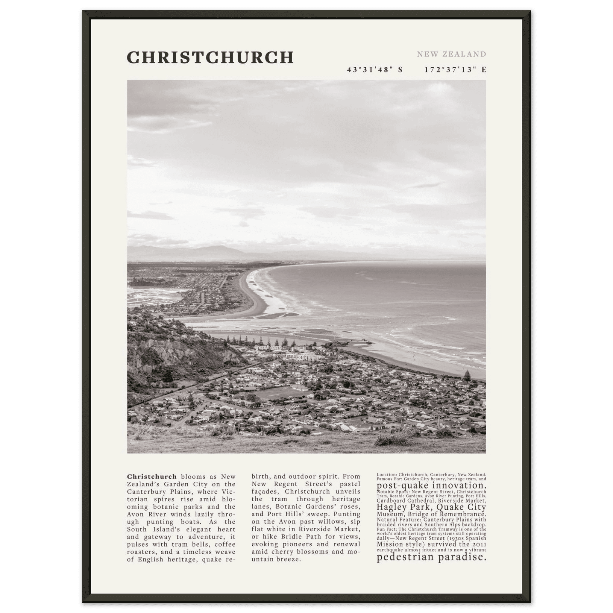 Christchurch New Zealand Poster Black and White – Vintage Garden City Panorama Print - Evergreen Posters