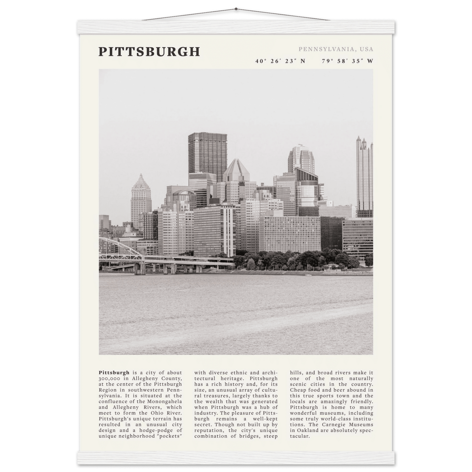 Pittsburgh Poster | Black & White Pennsylvania Skyline Wall Art | PA Travel Print - Evergreen Posters