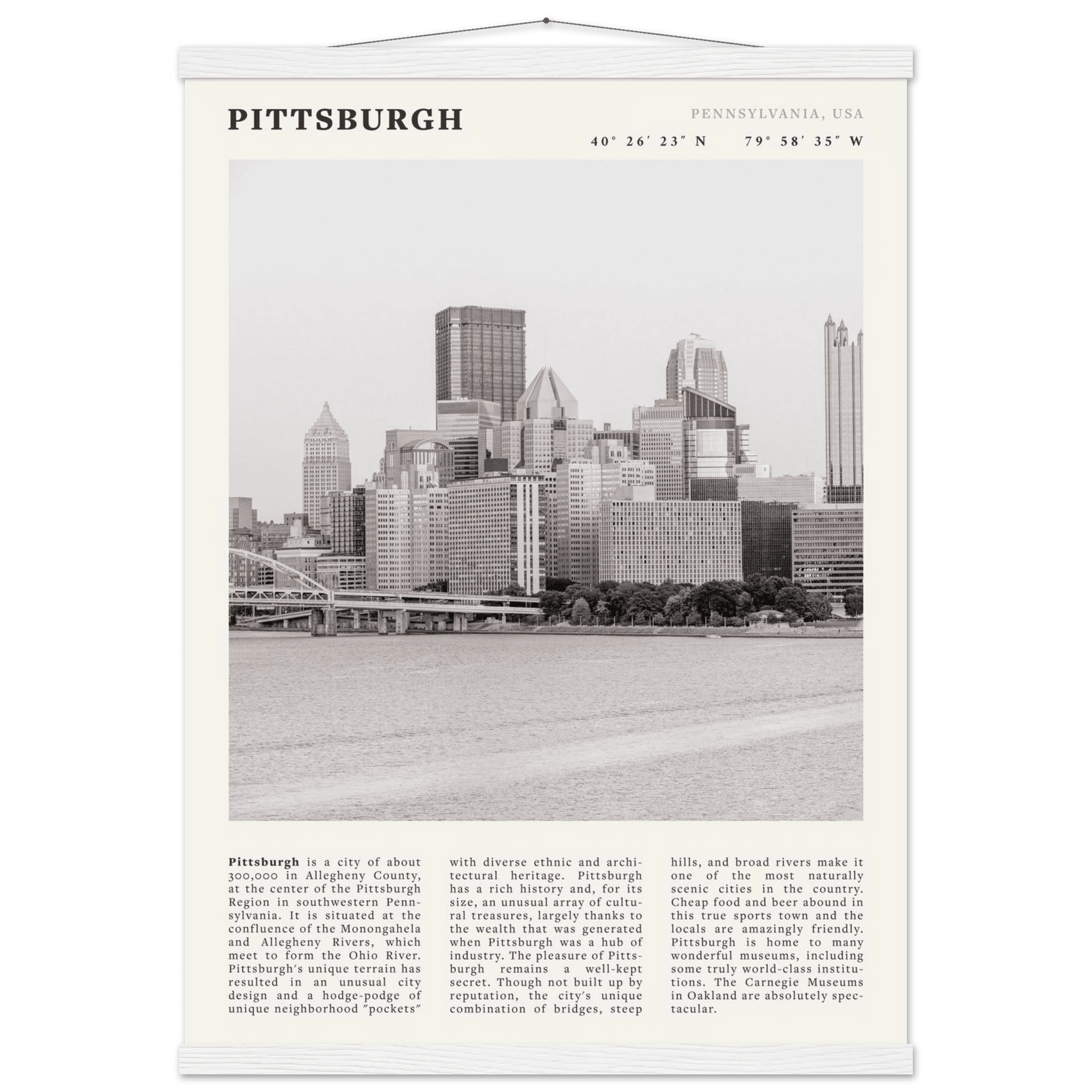 Pittsburgh Poster | Black & White Pennsylvania Skyline Wall Art | PA Travel Print - Evergreen Posters