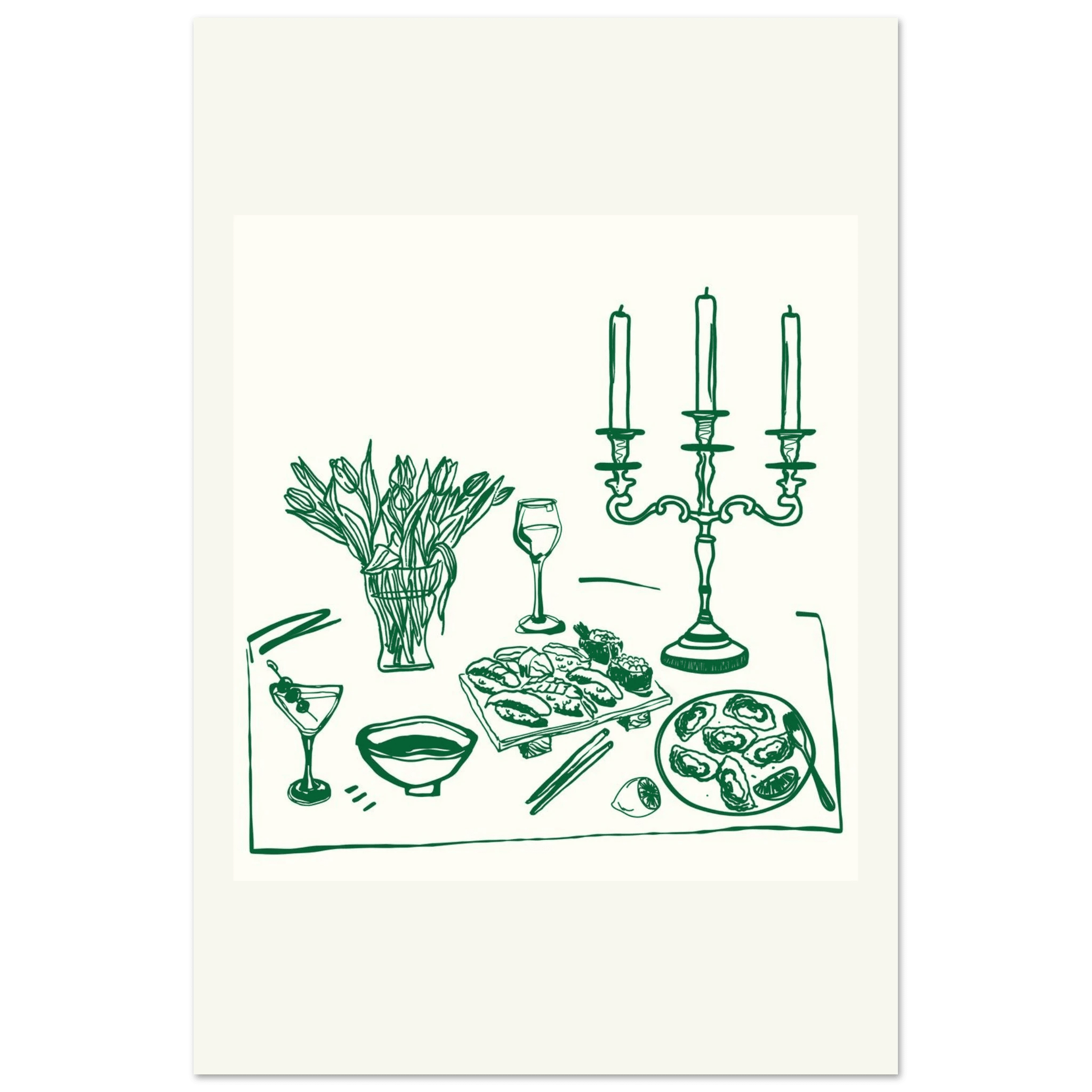 Fine Dining Table Print | Green Line Art Kitchen Wall Art | Elegant Dining Room Poster - Evergreen Posters