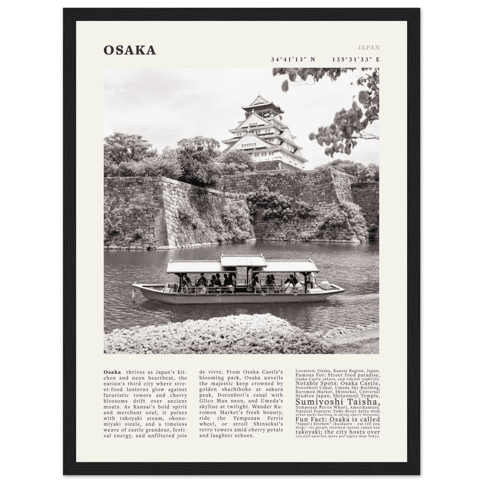 Osaka Poster Black and White – Vintage Osaka Castle Cherry Blossom Print (Digital & Printed Options) - Evergreen Posters
