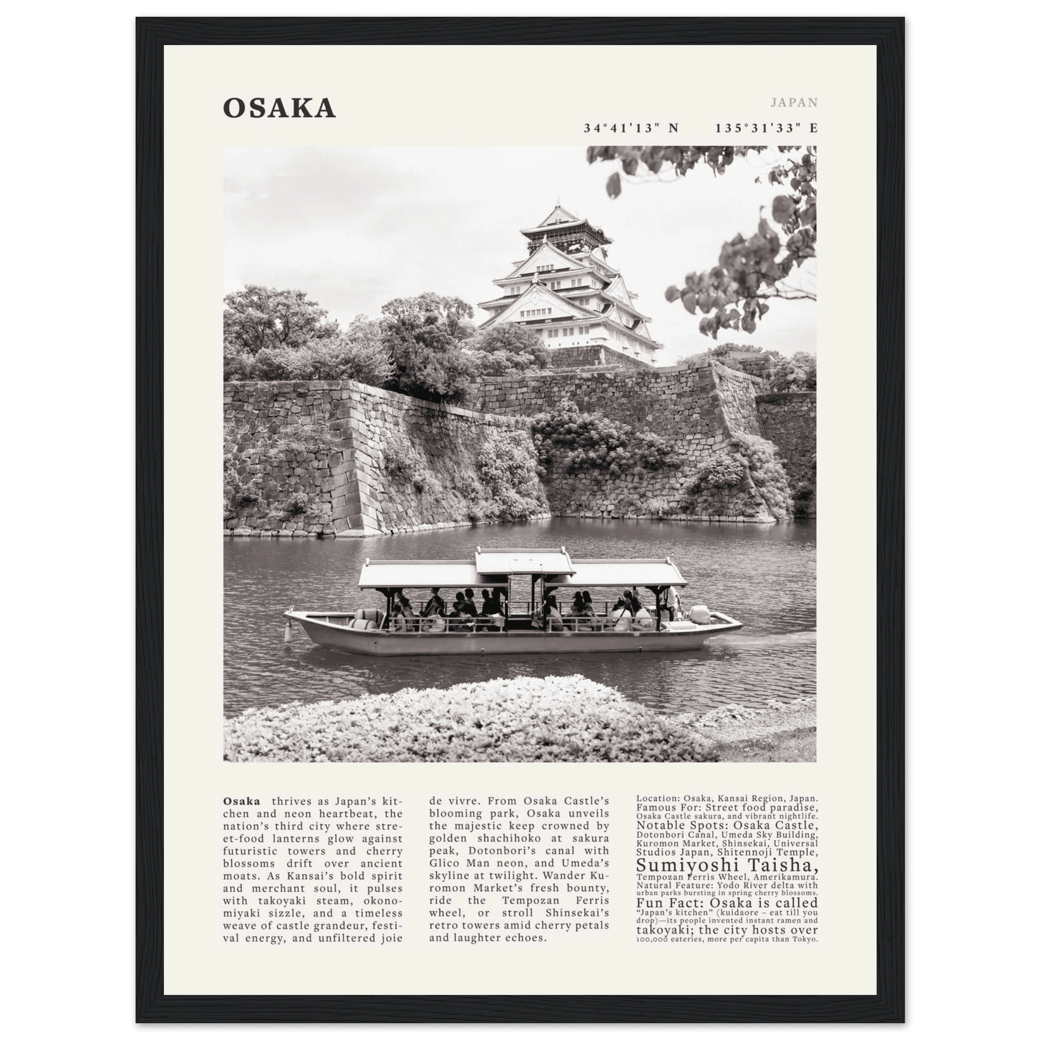 Osaka Poster Black and White – Vintage Osaka Castle Cherry Blossom Print (Digital & Printed Options) - Evergreen Posters