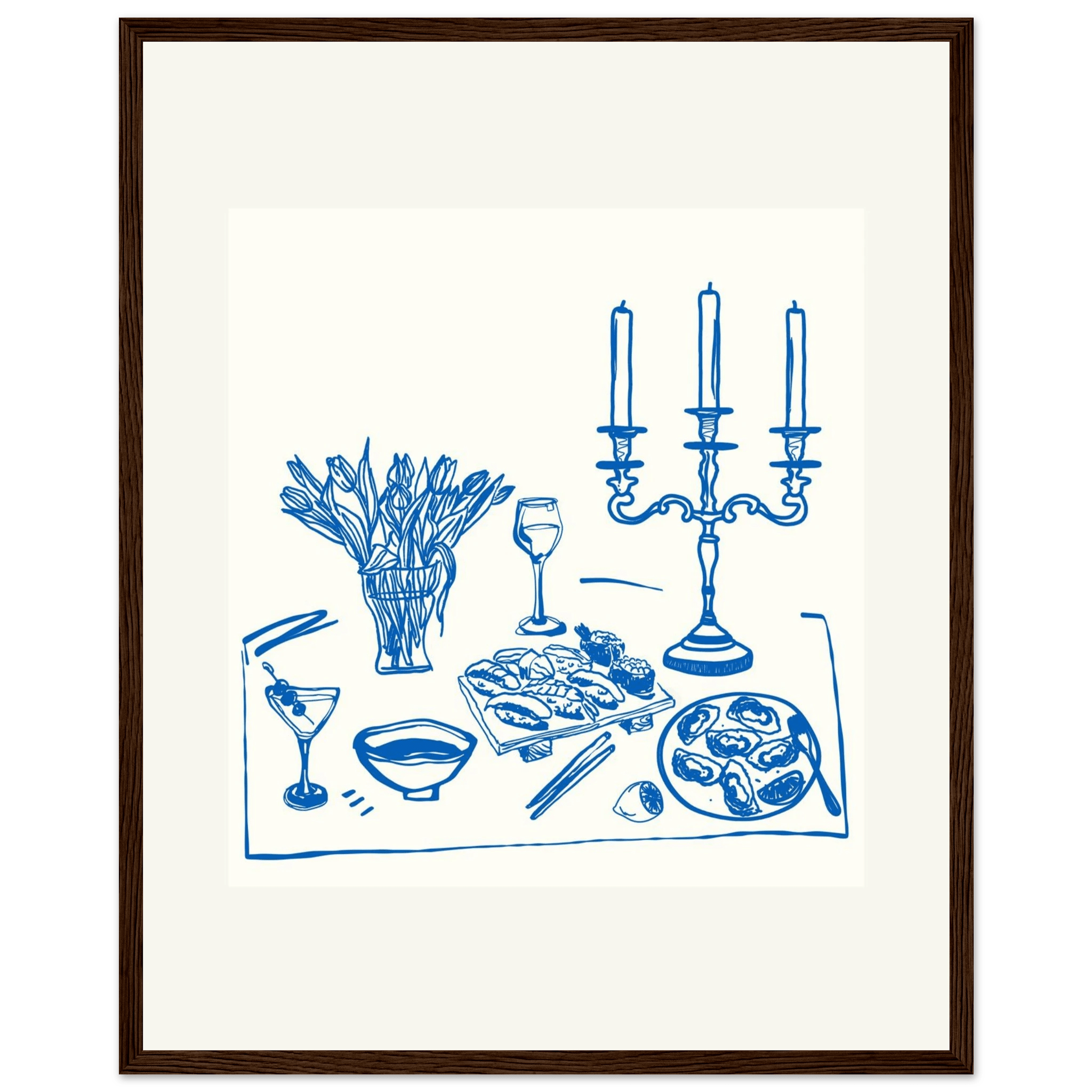 Fine Dining Table Print | Blue Line Art Kitchen Wall Art | Elegant Dining Room Poster - Evergreen Posters