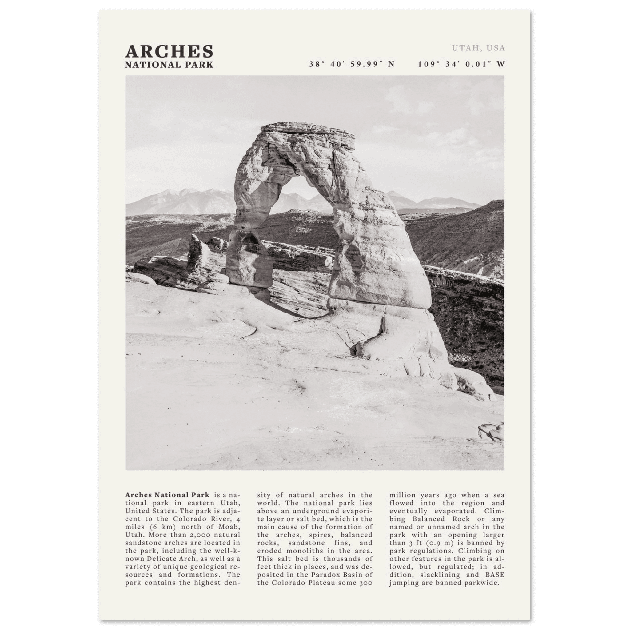 Arches National Park Poster | Black & White Utah Wall Art | Delicate Arch Print - Evergreen Posters