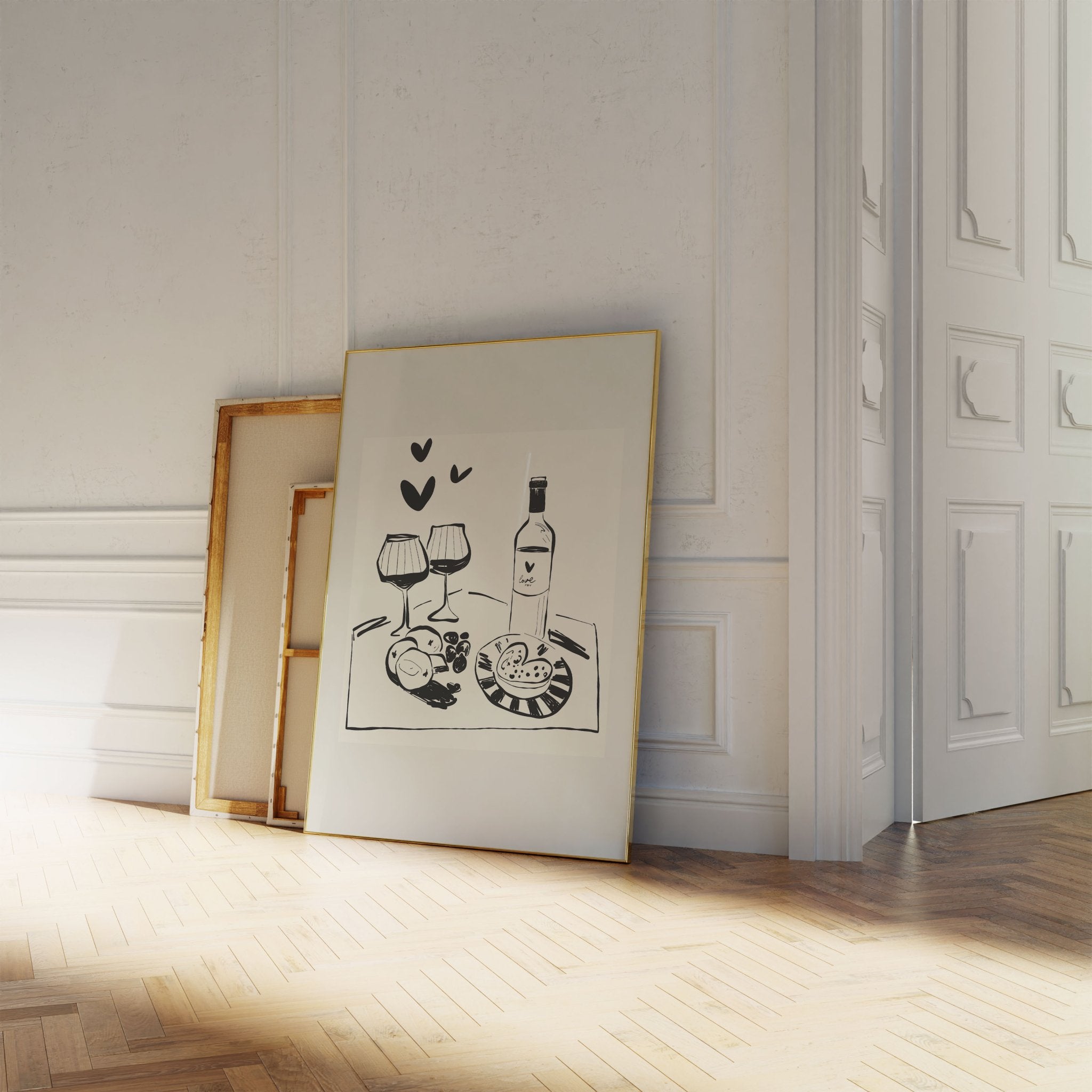Wine for Two Print | Black Line Art Romantic Kitchen Wall Art | Couples Poster - Evergreen Posters