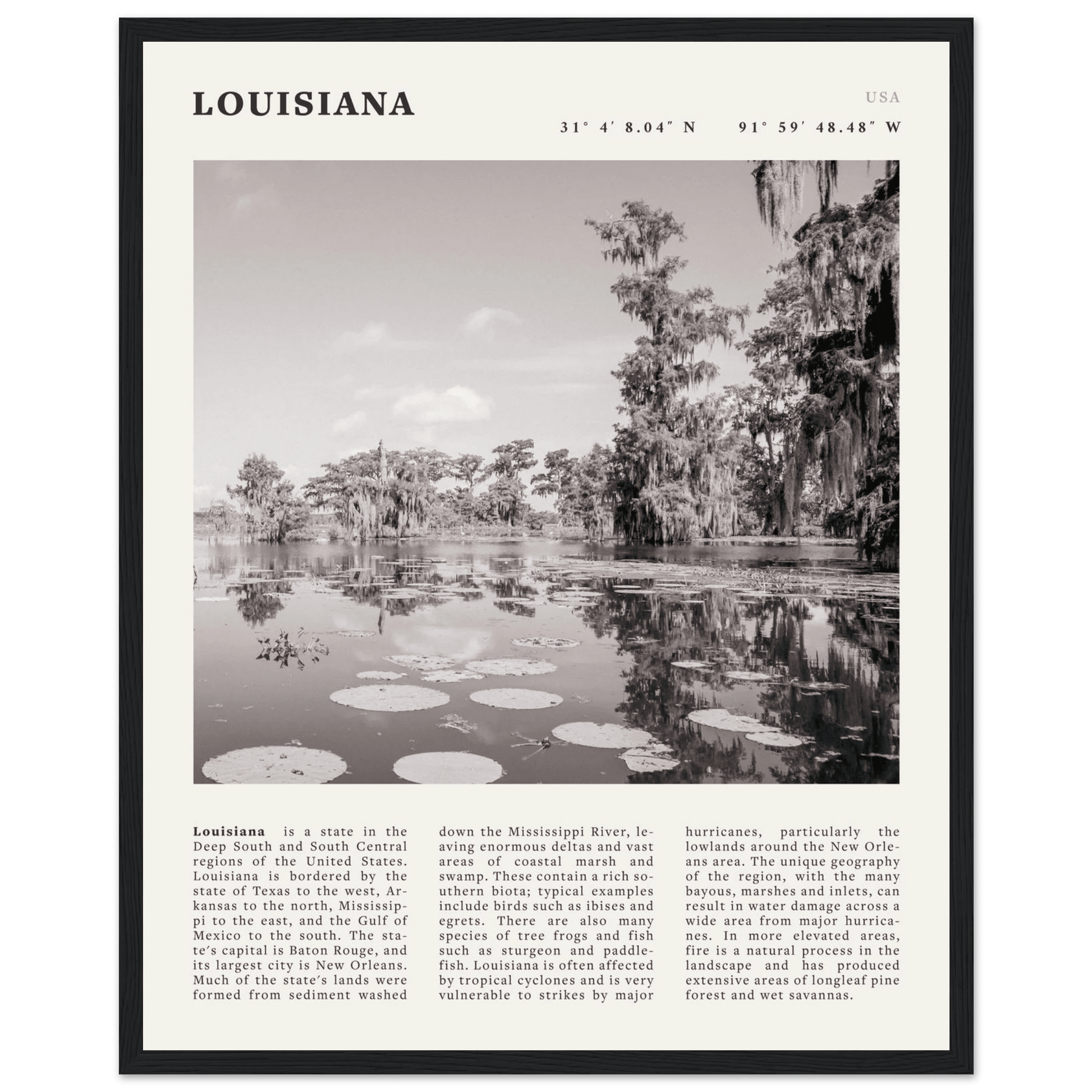 Louisiana Poster | Black & White Bayou Wall Art | Southern USA Travel Print Decor - Evergreen Posters