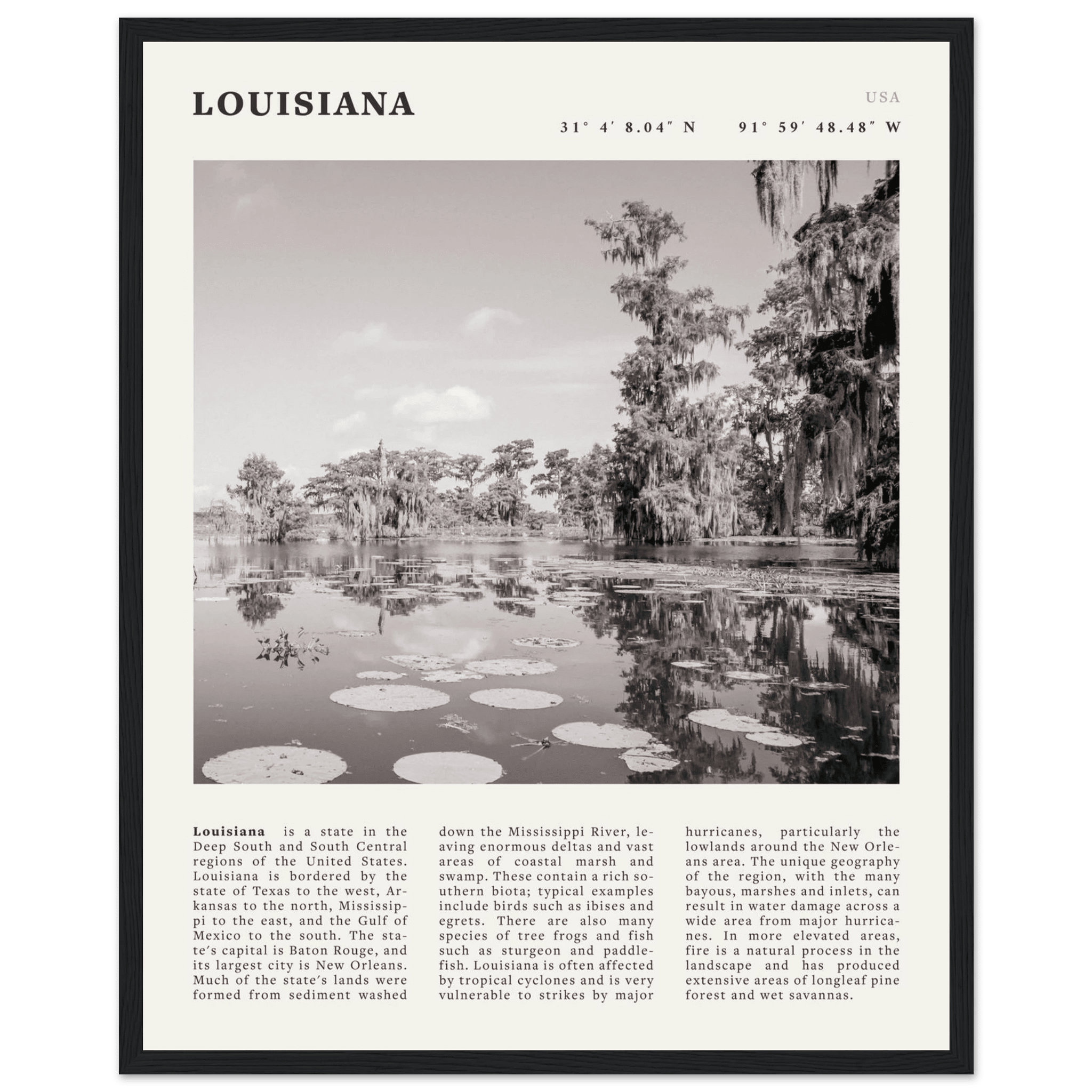 Louisiana Poster | Black & White Bayou Wall Art | Southern USA Travel Print Decor - Evergreen Posters