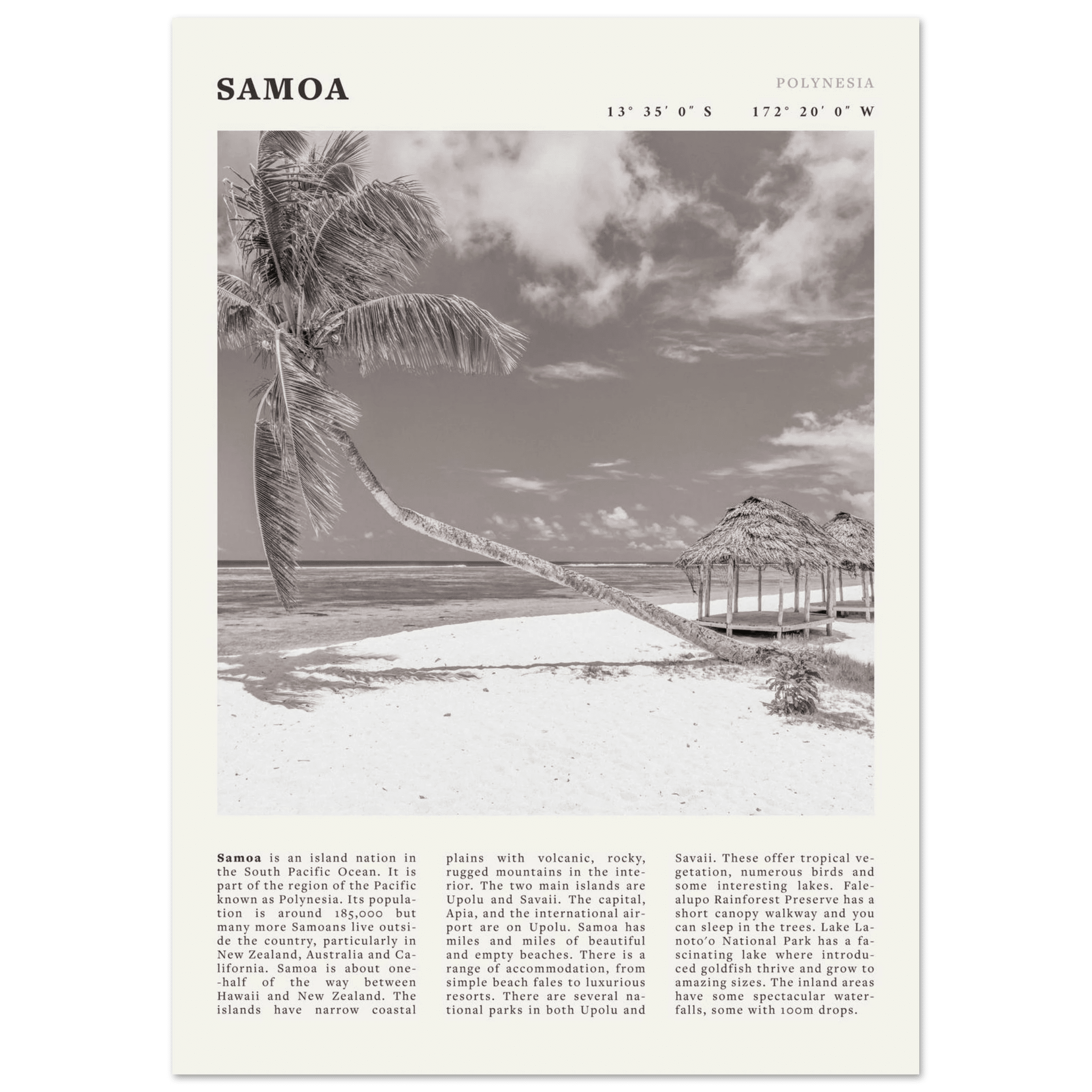 Samoa Poster | Black & White South Pacific Beach Wall Art | Polynesia Travel Print - Evergreen Posters
