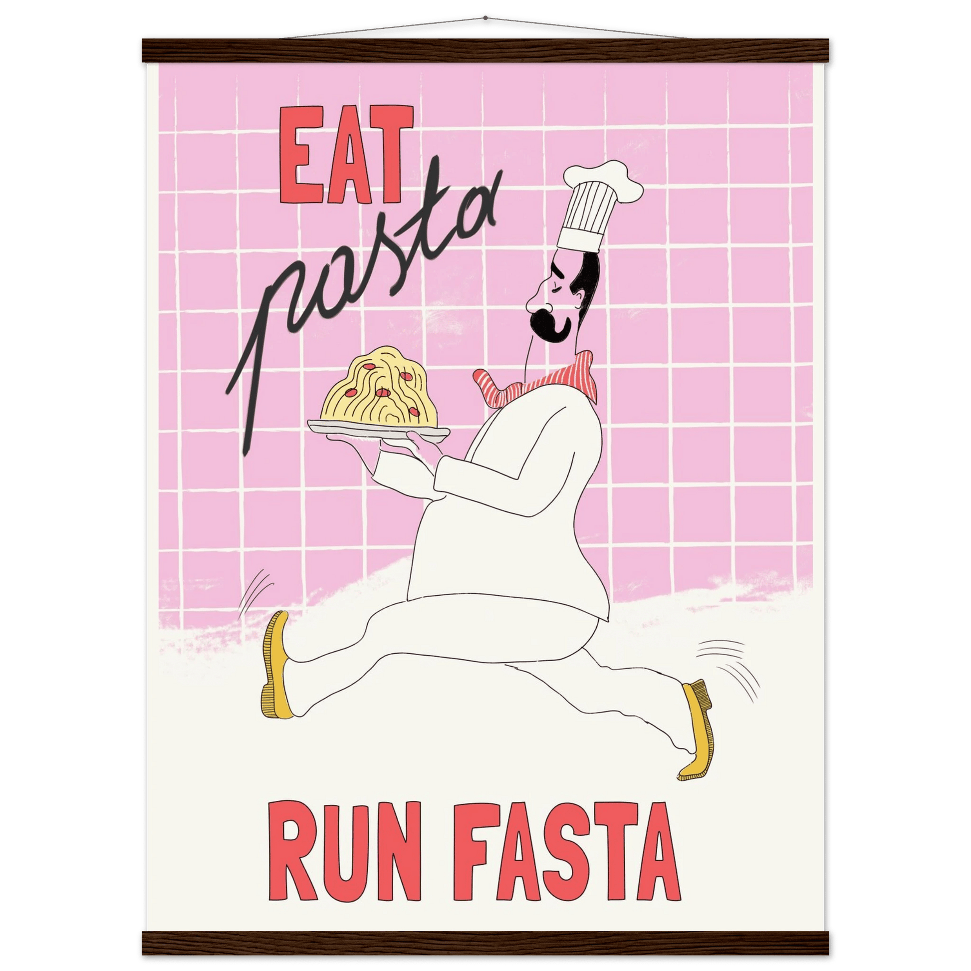 Eat Pasta Run Fasta Poster – Playful Kitchen Wall Art Print (Light Pink) - Evergreen Posters