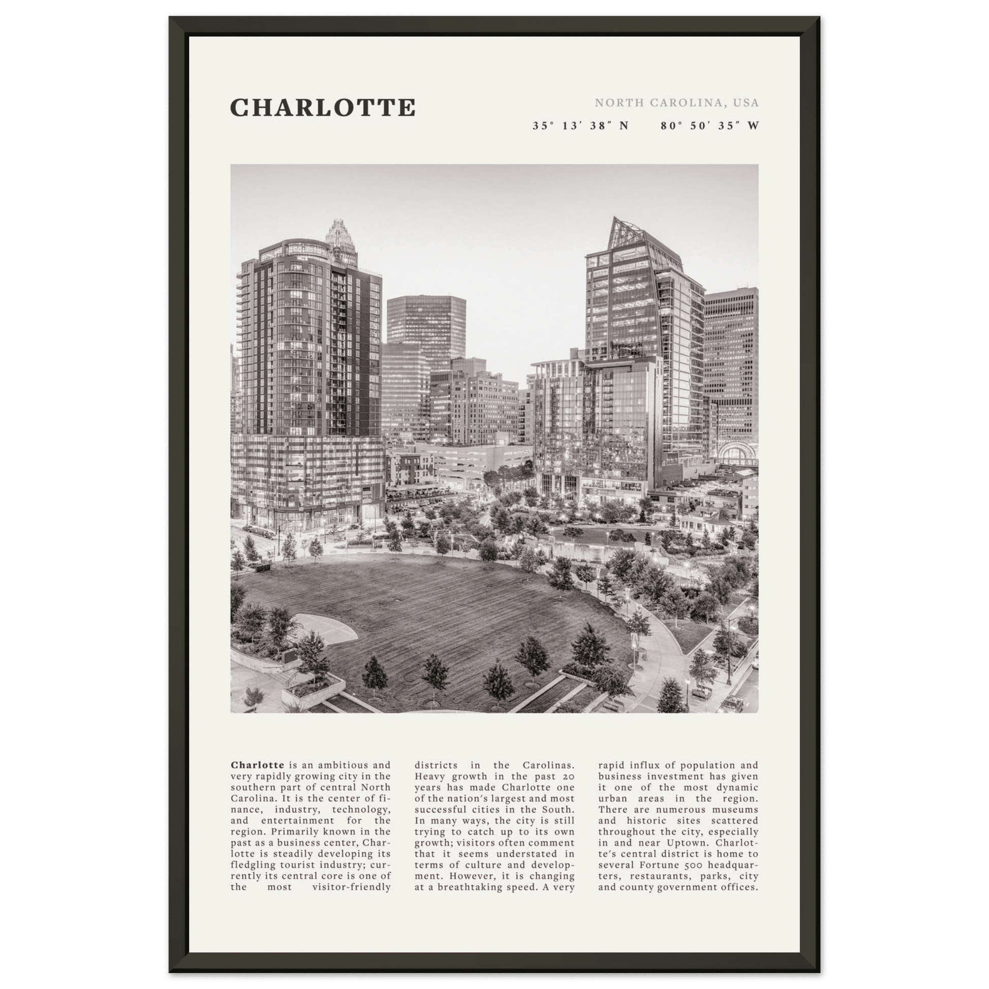 Charlotte Poster | Black & White North Carolina Skyline Wall Art | NC Travel Print - Evergreen Posters